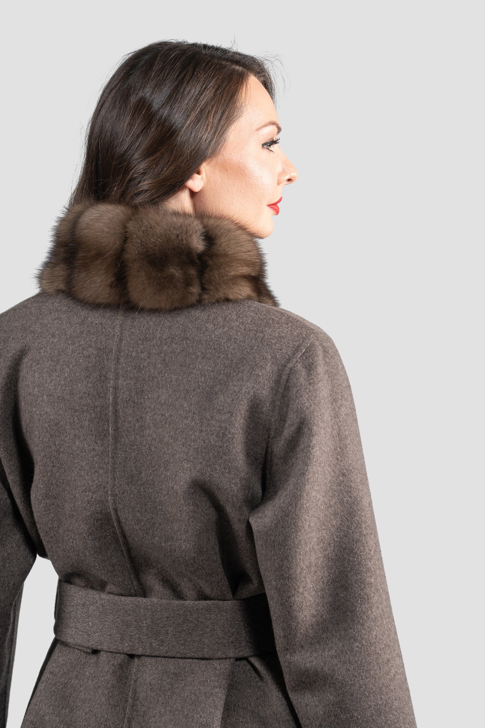 Brown Grey Cashmere Coat with Russian Sable Trim 21C6080