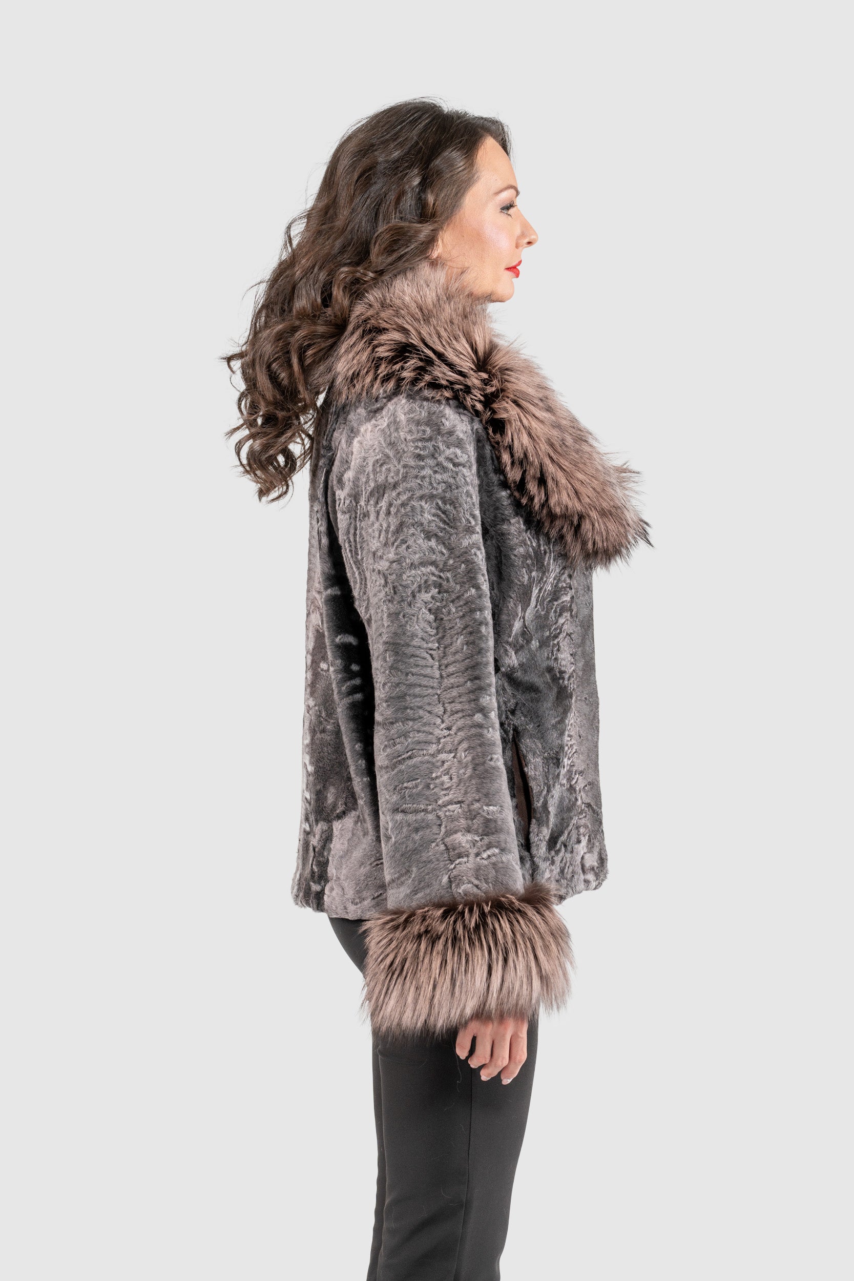Grey Moon Swakara Jacket with Fox Fur Trim Notch Collar and Cuffs S/S13C528s20