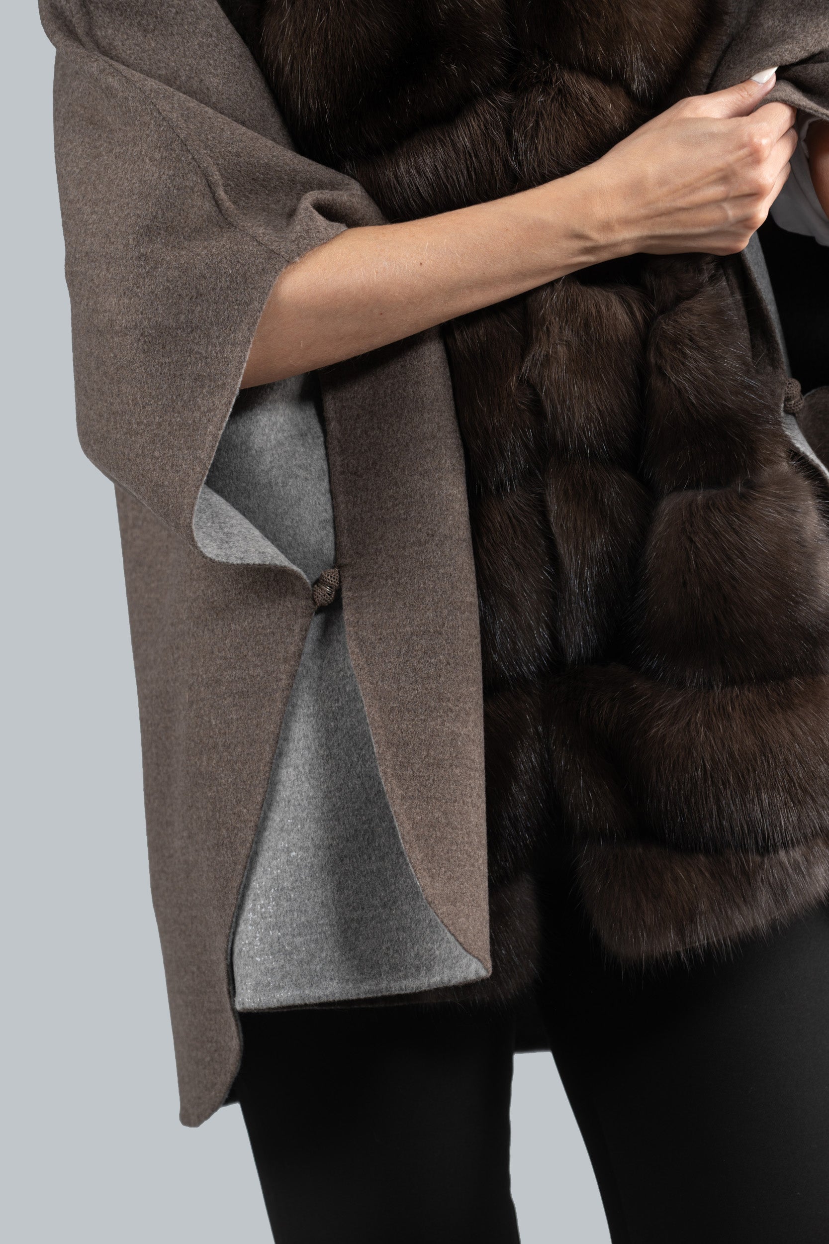 Brown Gray Cashmere Cape with Russian Sable Trim 18M950