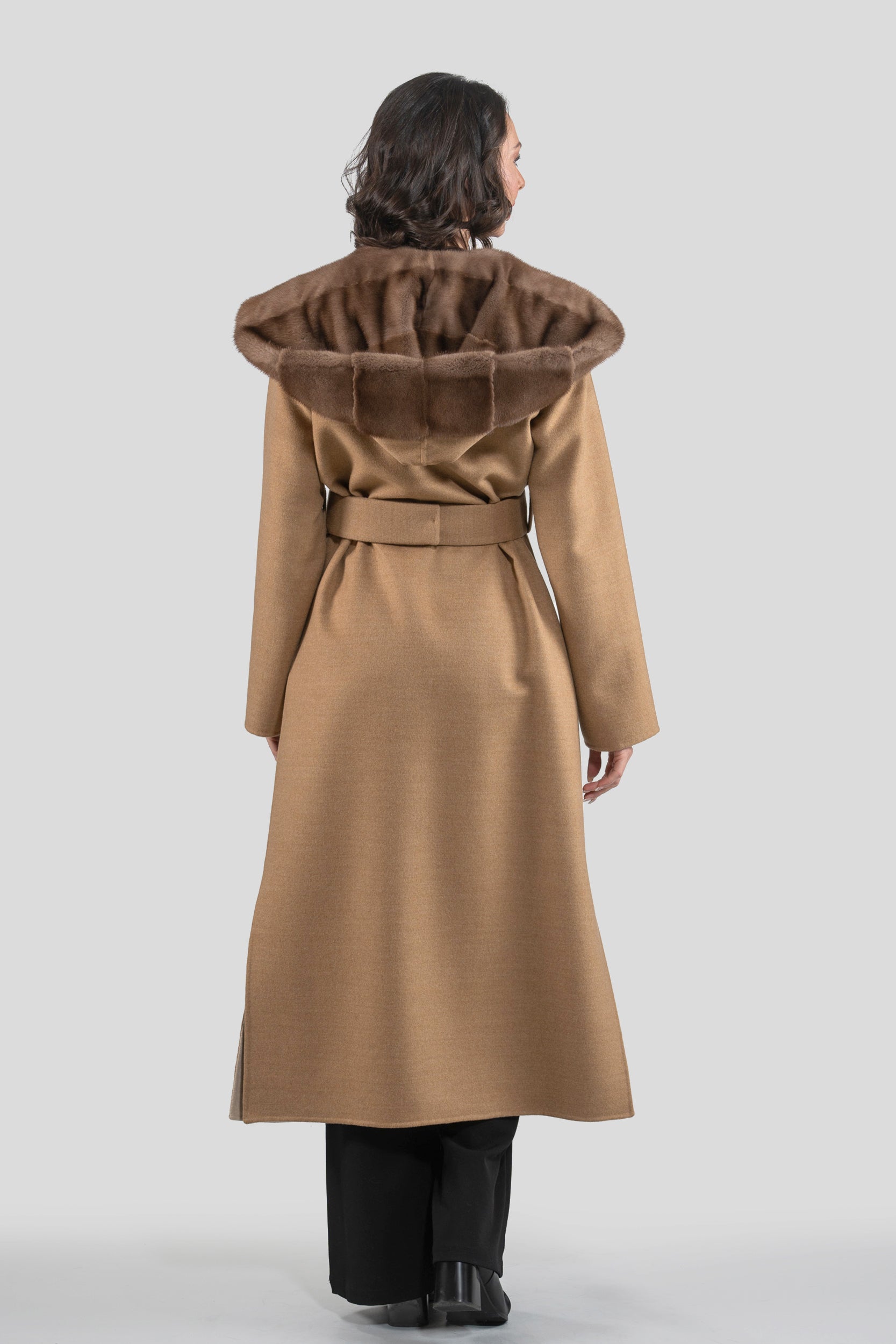 Beige Ecru Cashmere Hooded Coat with Mink Trim 21C6080H540