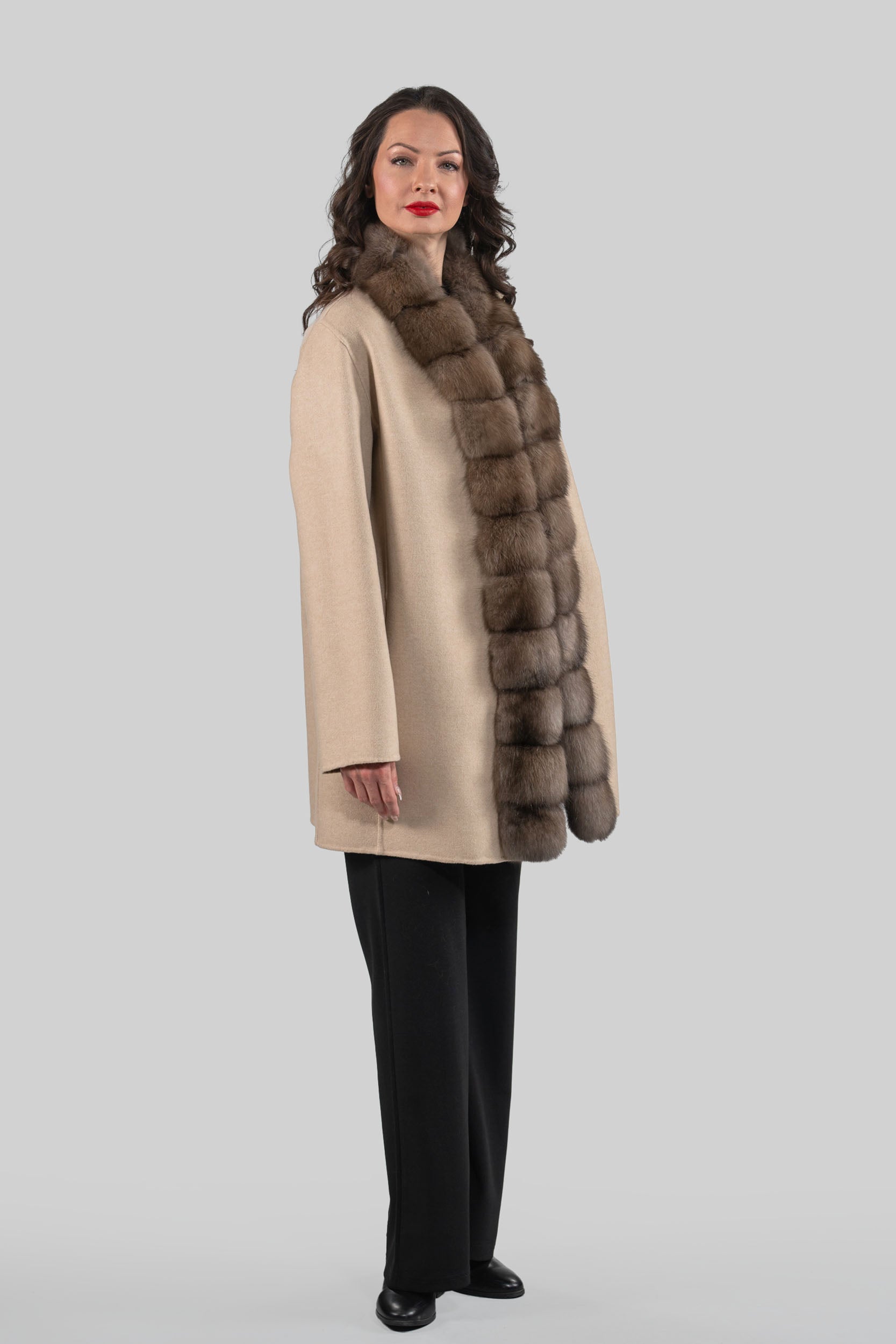 Ecru Cashmere Half Coat with Russian Sable Trim 21C6080
