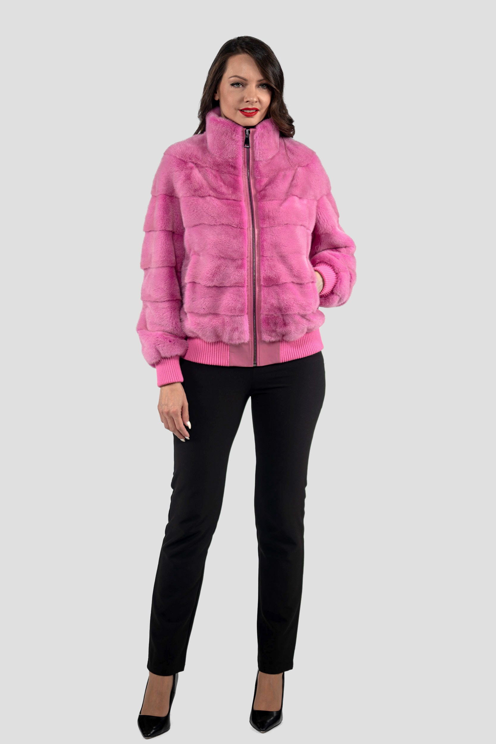 Fuchsia Mink Bomber Jacket with Stand Collar P/K13C224