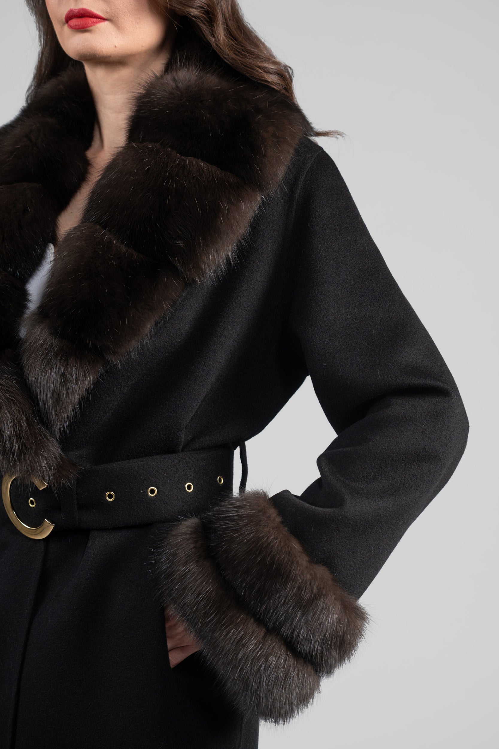 Black Cashmere Coat with Russian Sable Shawl Collar 20C8070