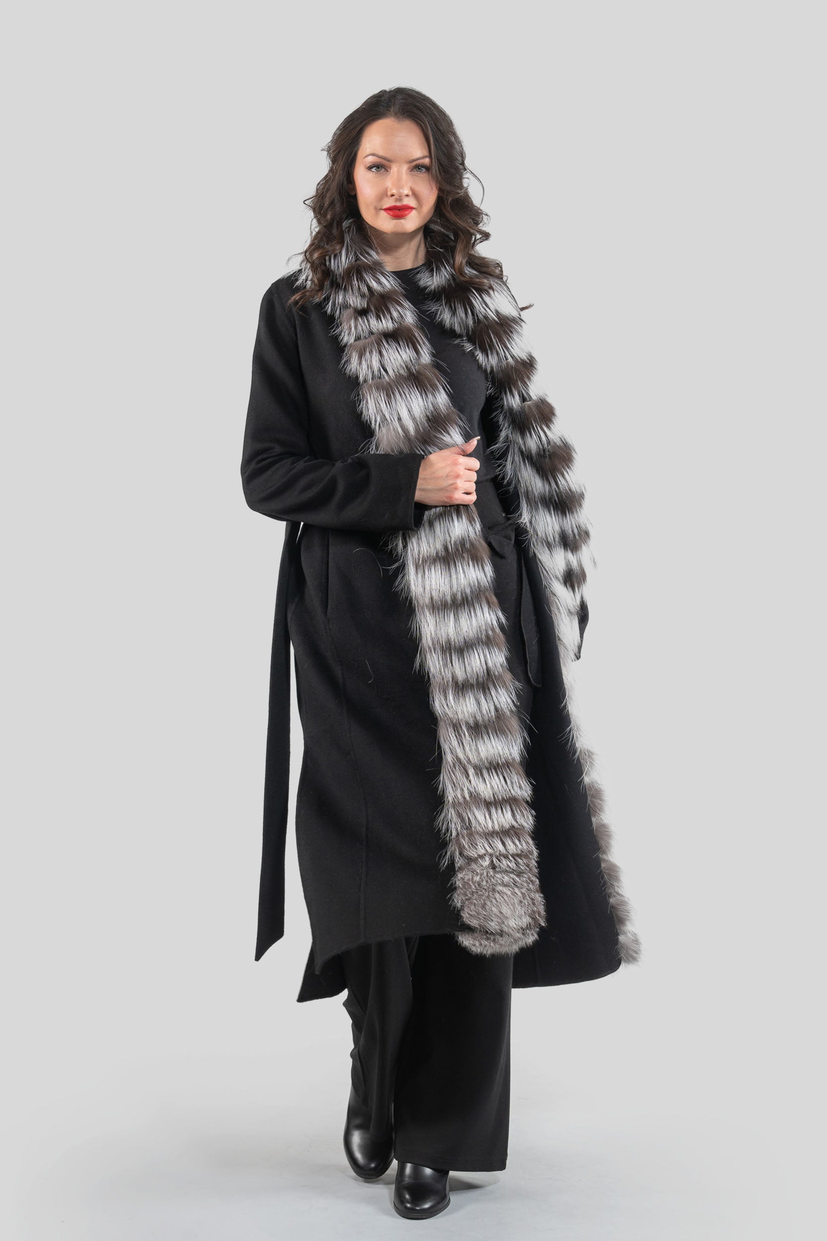 Black Cashmere Coat with Fox Trim 21C6080