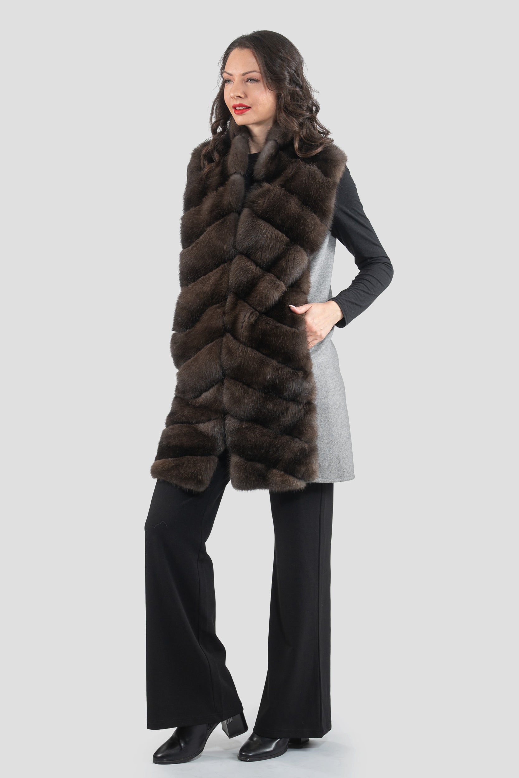 Grey Cashmere Vest with Russian Sable Trim 17C8003