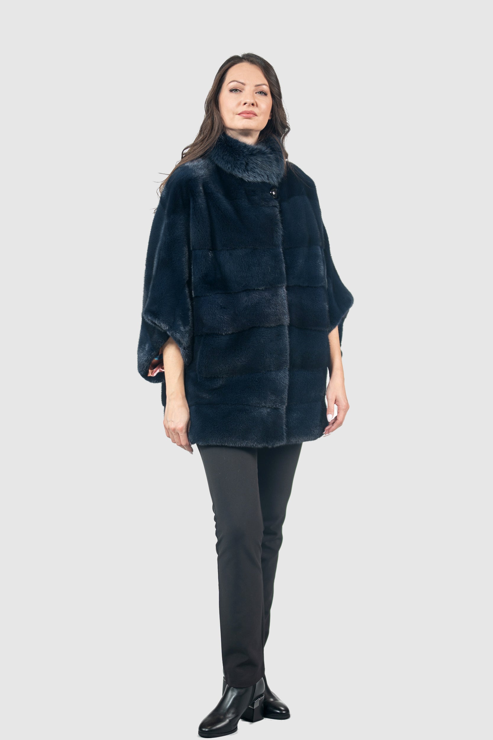 Blue Black Mink Cape with Russian Sable Stand Collar P/K13C959