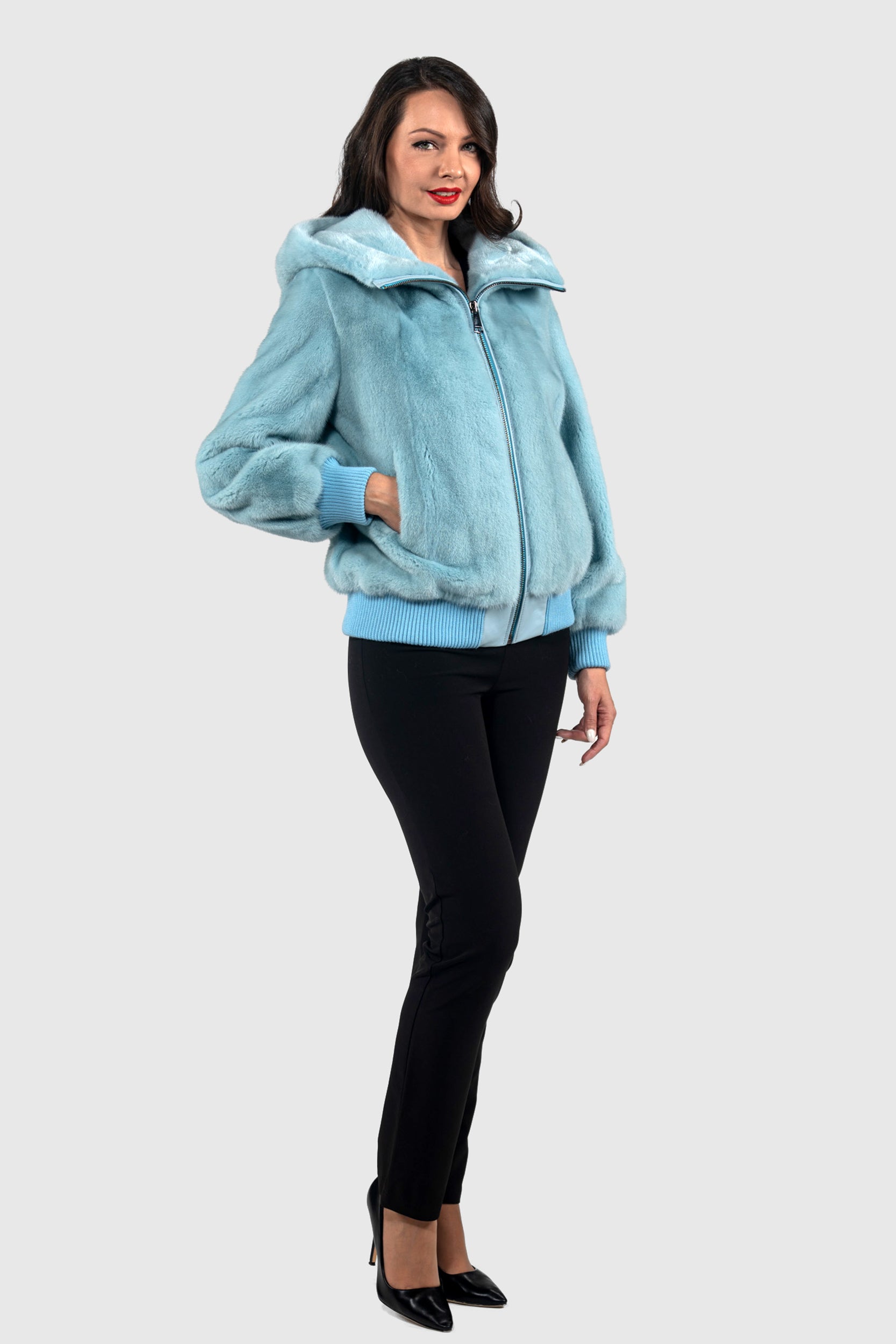 Mint Mink Bomber Jacket with Hood L/O13C224H