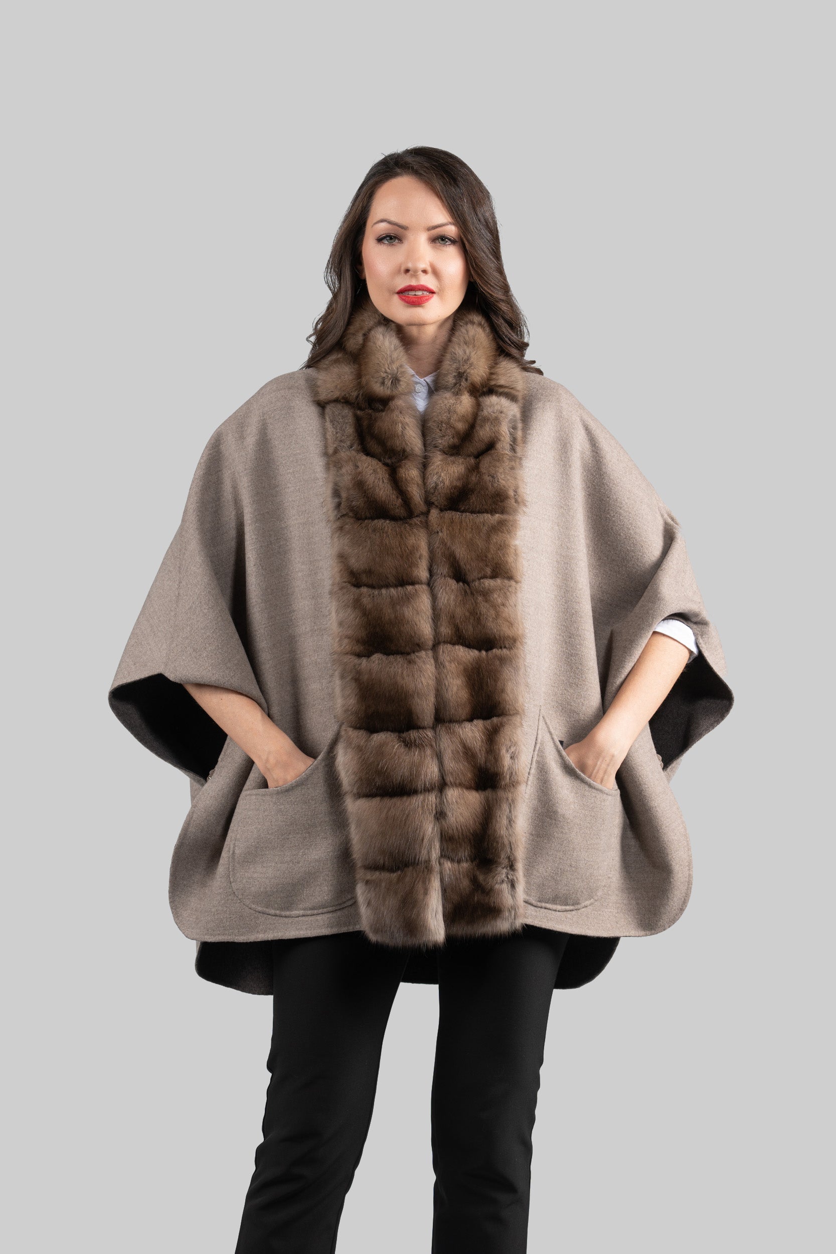 Grey Brown Cashmere Cape with Russian Sable Trim 18M951