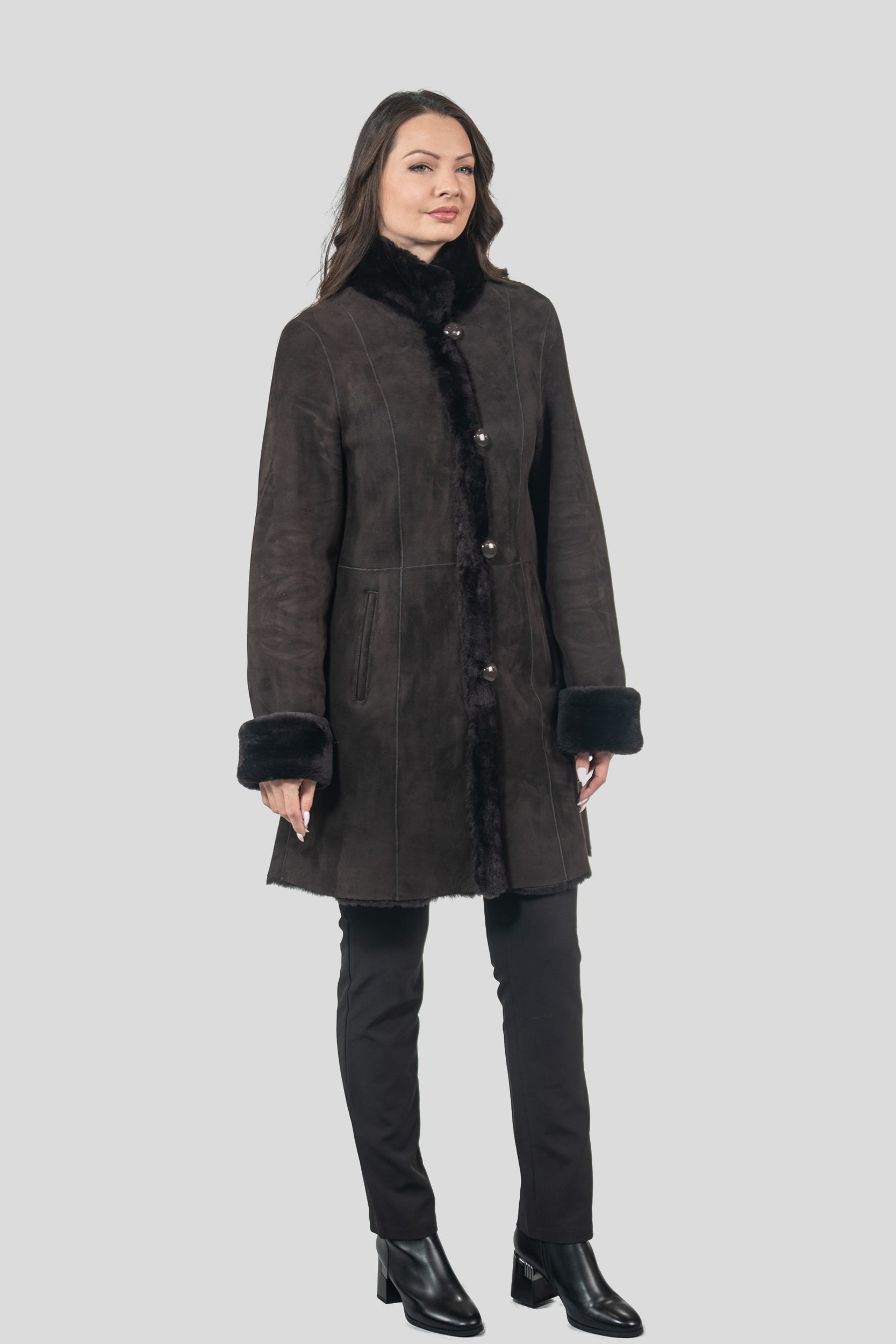 Brown Half Coat In Spanish Merino with Stand Collar 207