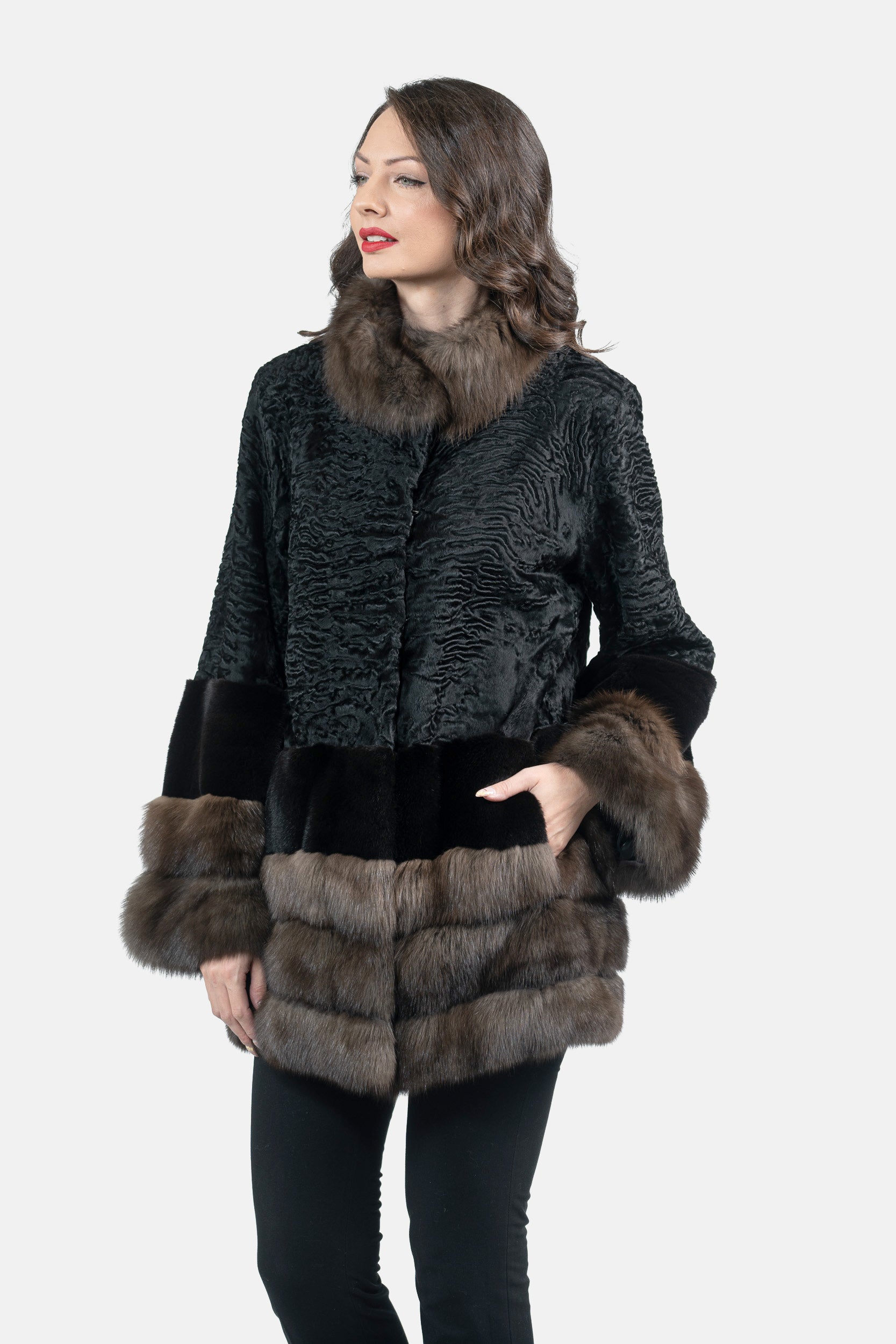 Black Swakara Half Coat with Mink and Russian Sable Trim S/SR/K16C777