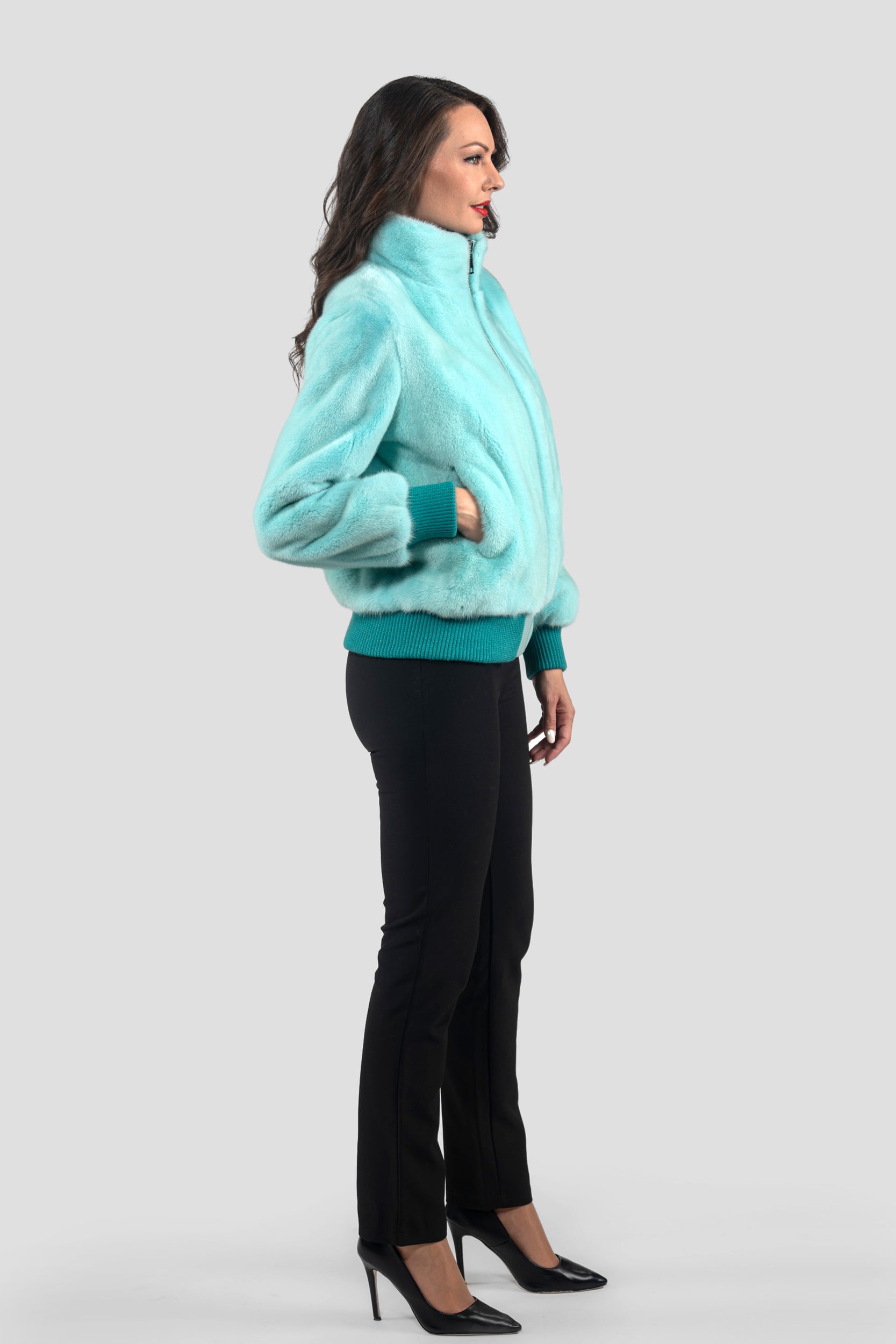 Mint Mink Bomber Jacket With stand Collar L/O13C224