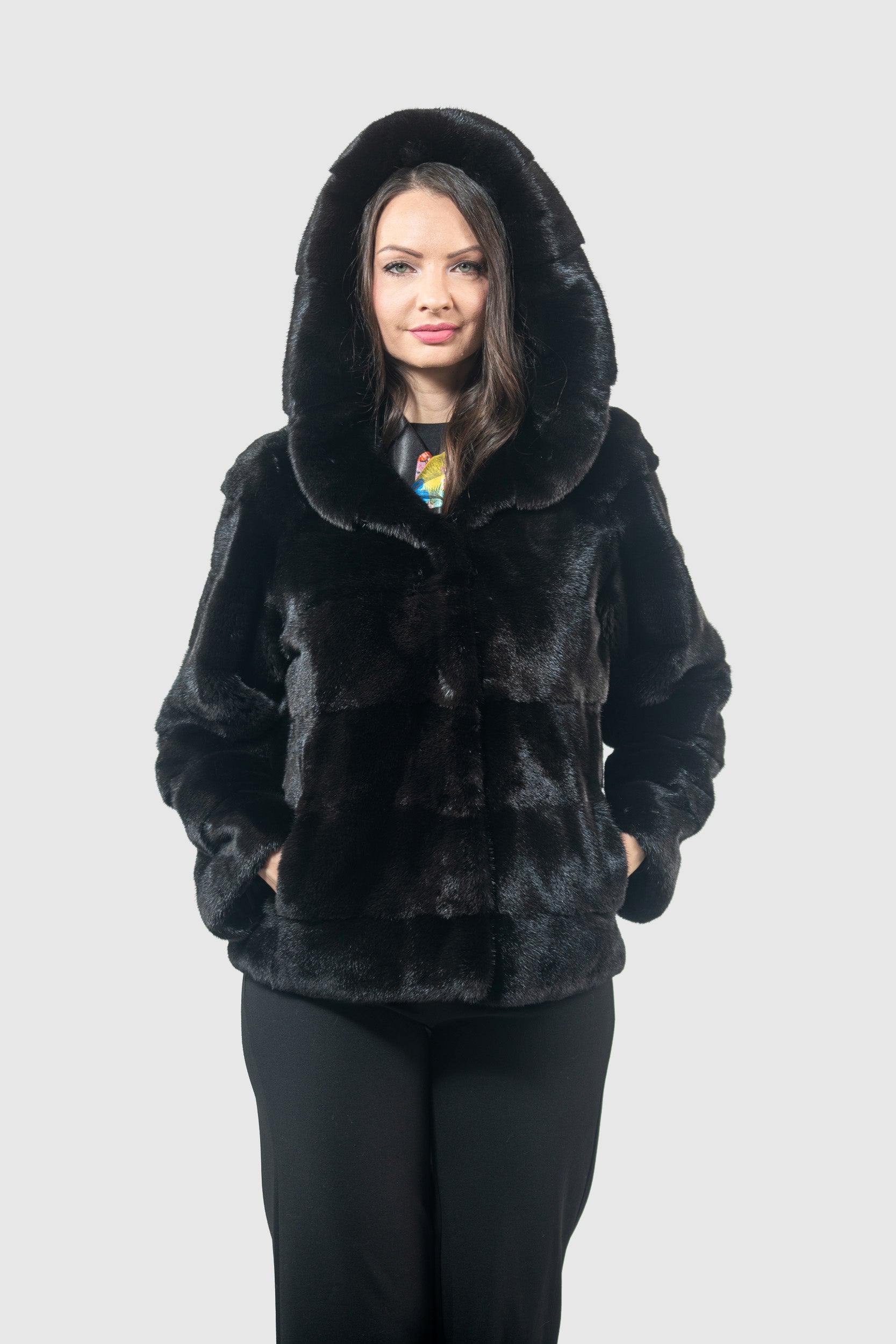 Black Mink Jacket with Attached Hood P/K13C543H