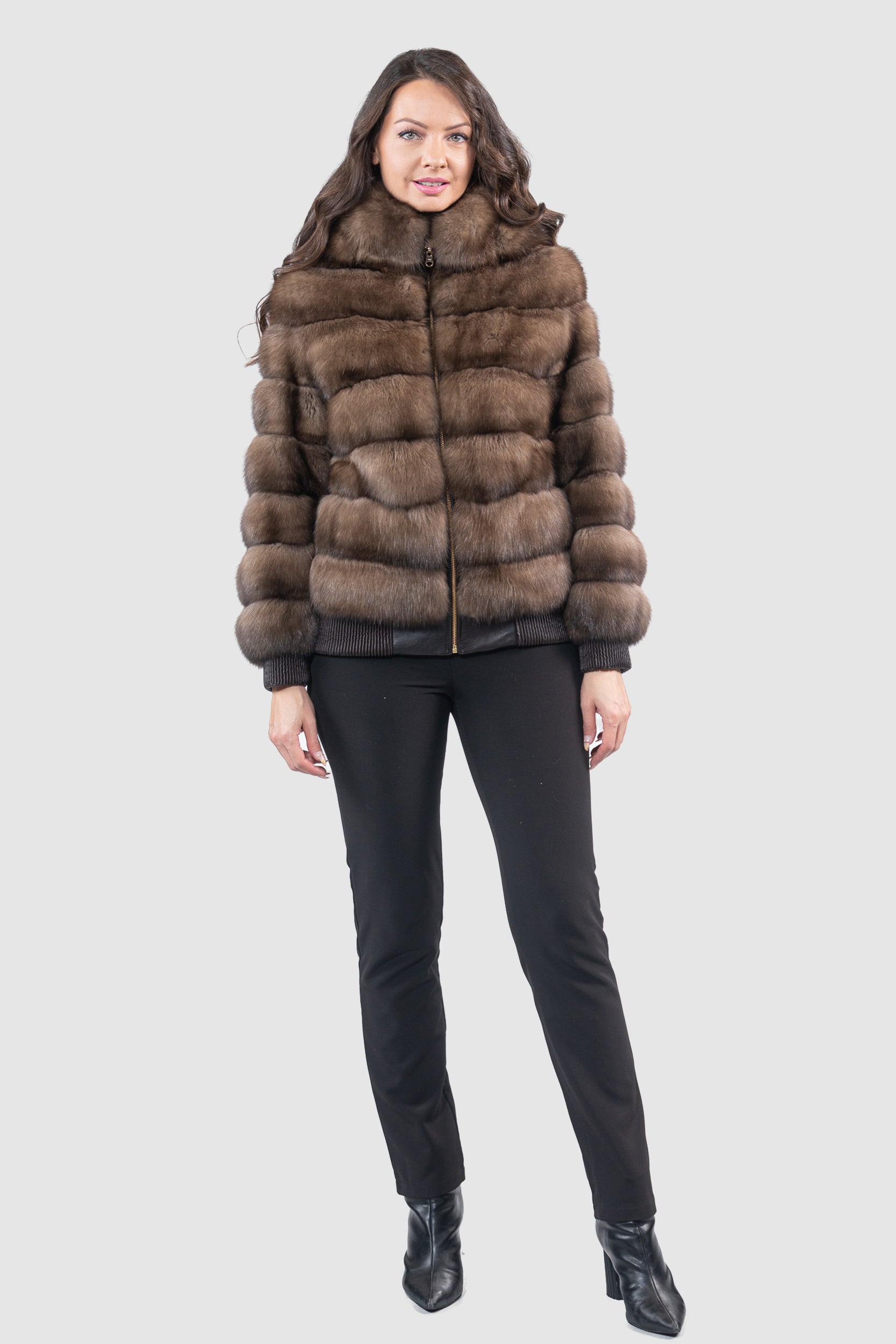 Reversible Titanium Russian Sable Bomber Jacket with Attached Hood P/K228H