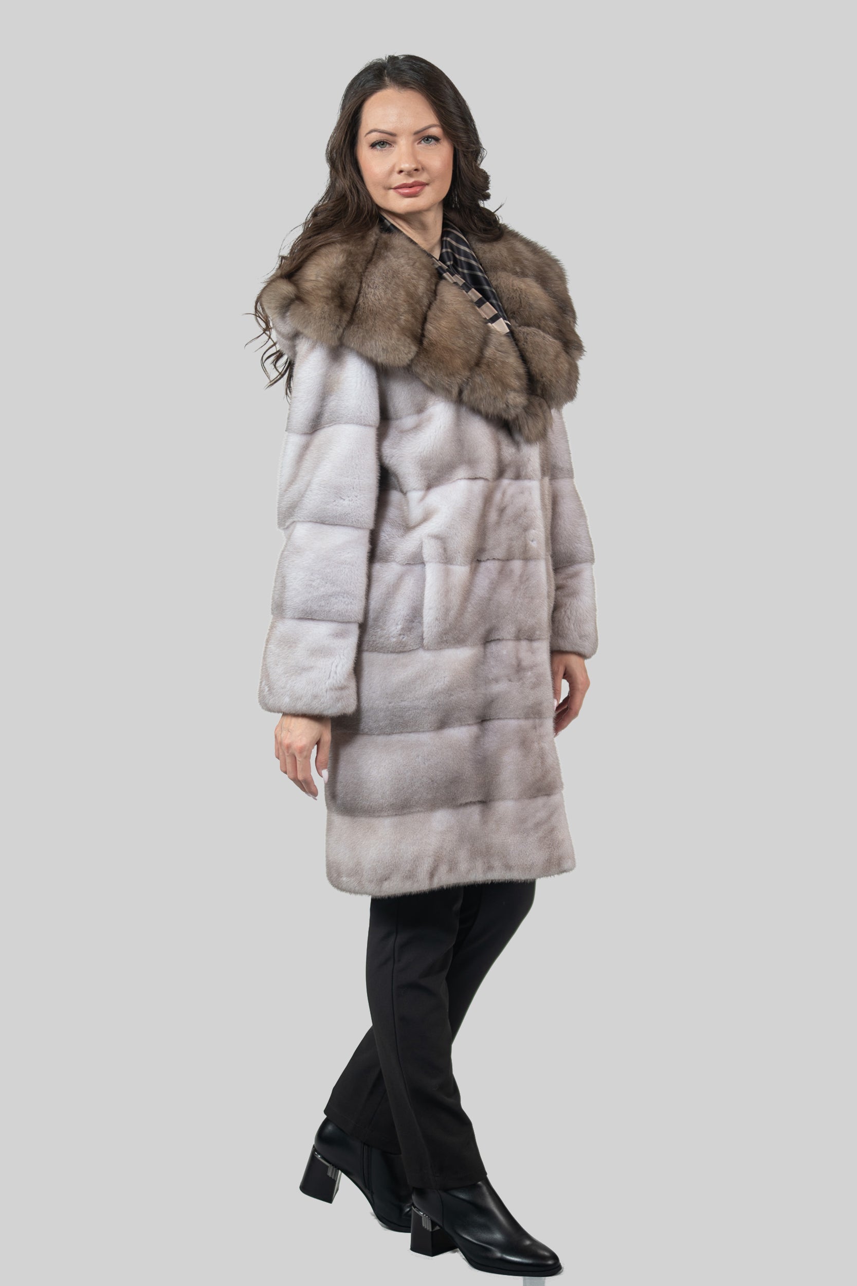 Silver Blue Mink Half Coat With Russian Sable Hood P/K13C540