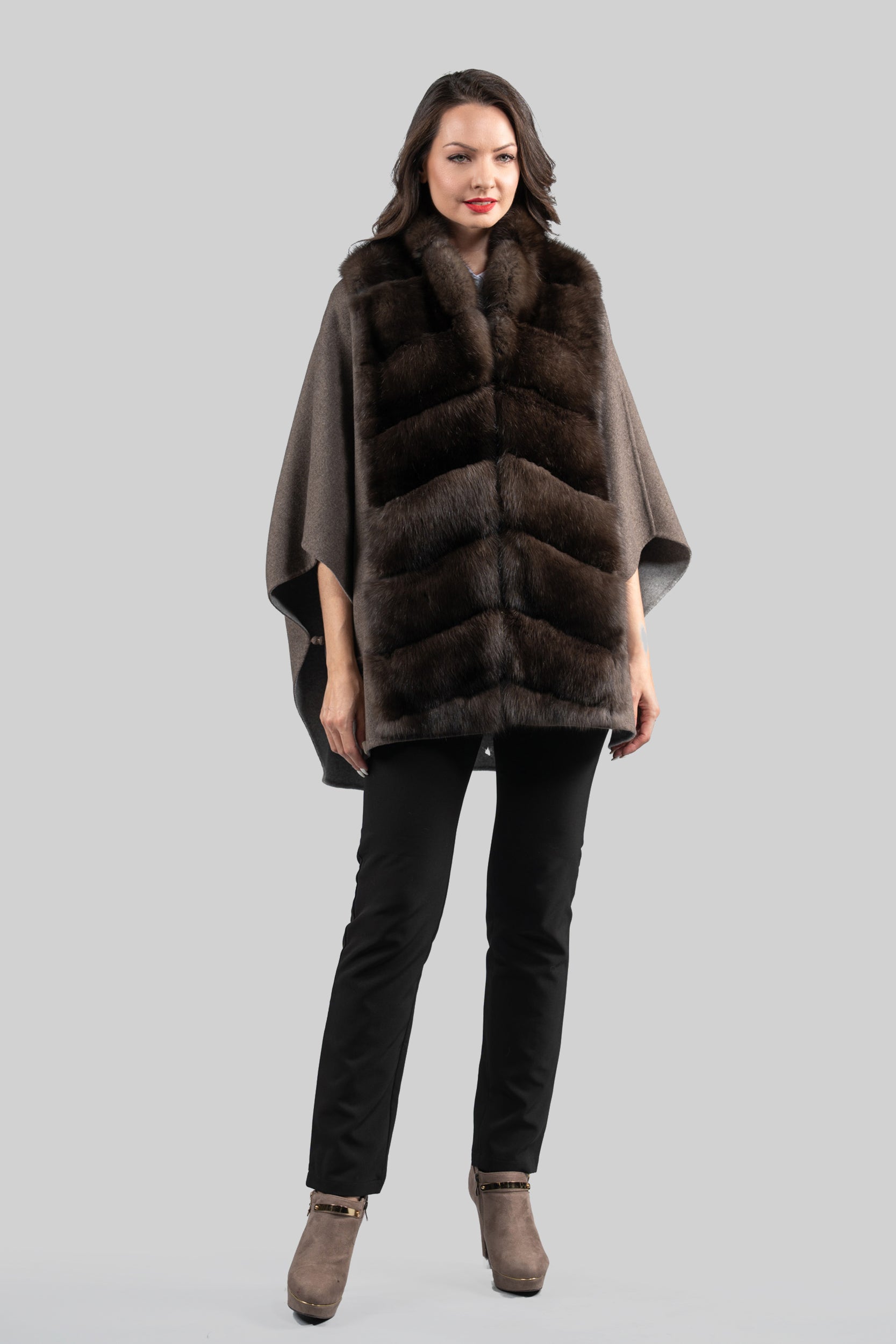Brown Gray Cashmere Cape with Russian Sable Trim 18M950