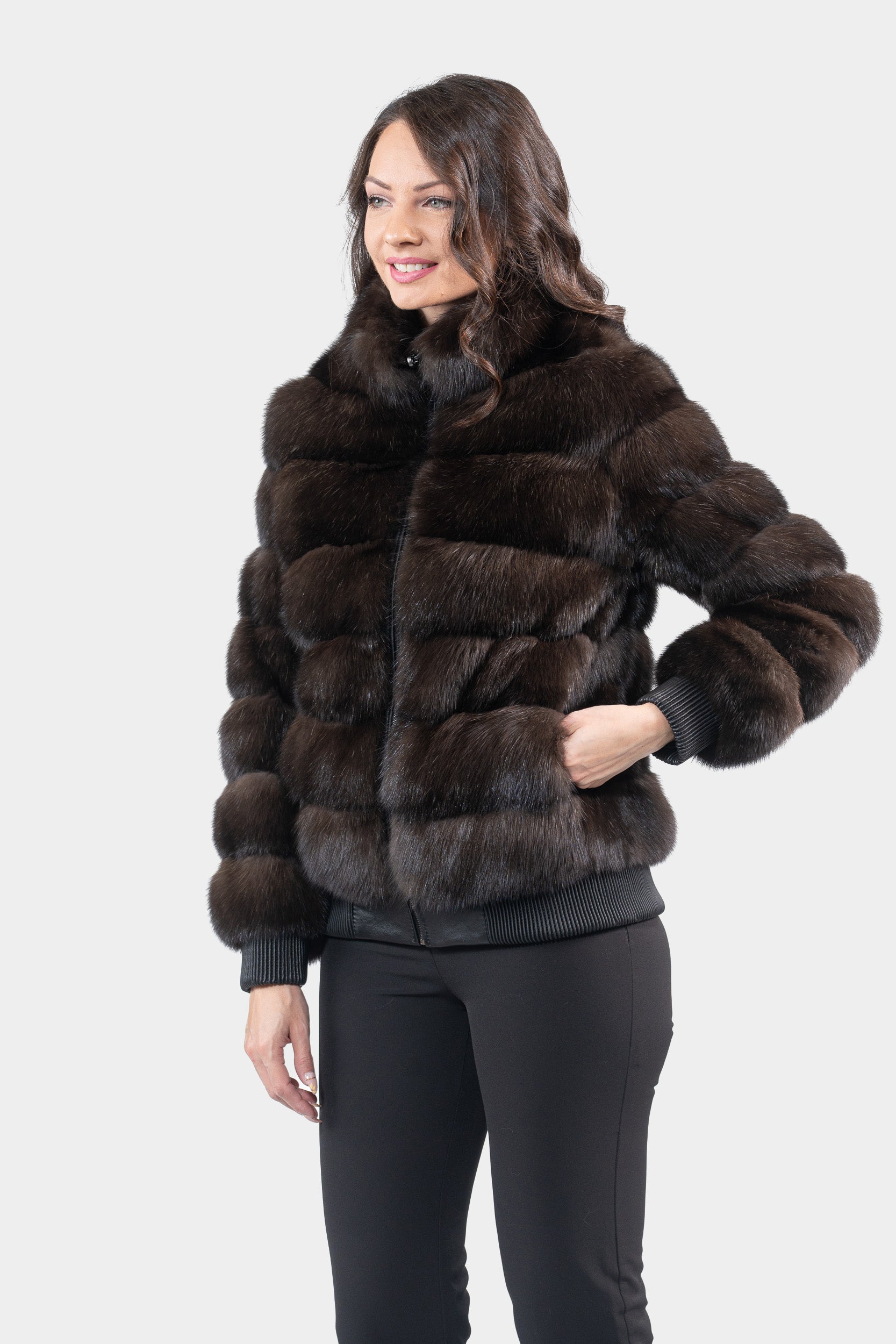 Reversible Dark Russian Sable Bomber Jacket with Stand Collar P/K228