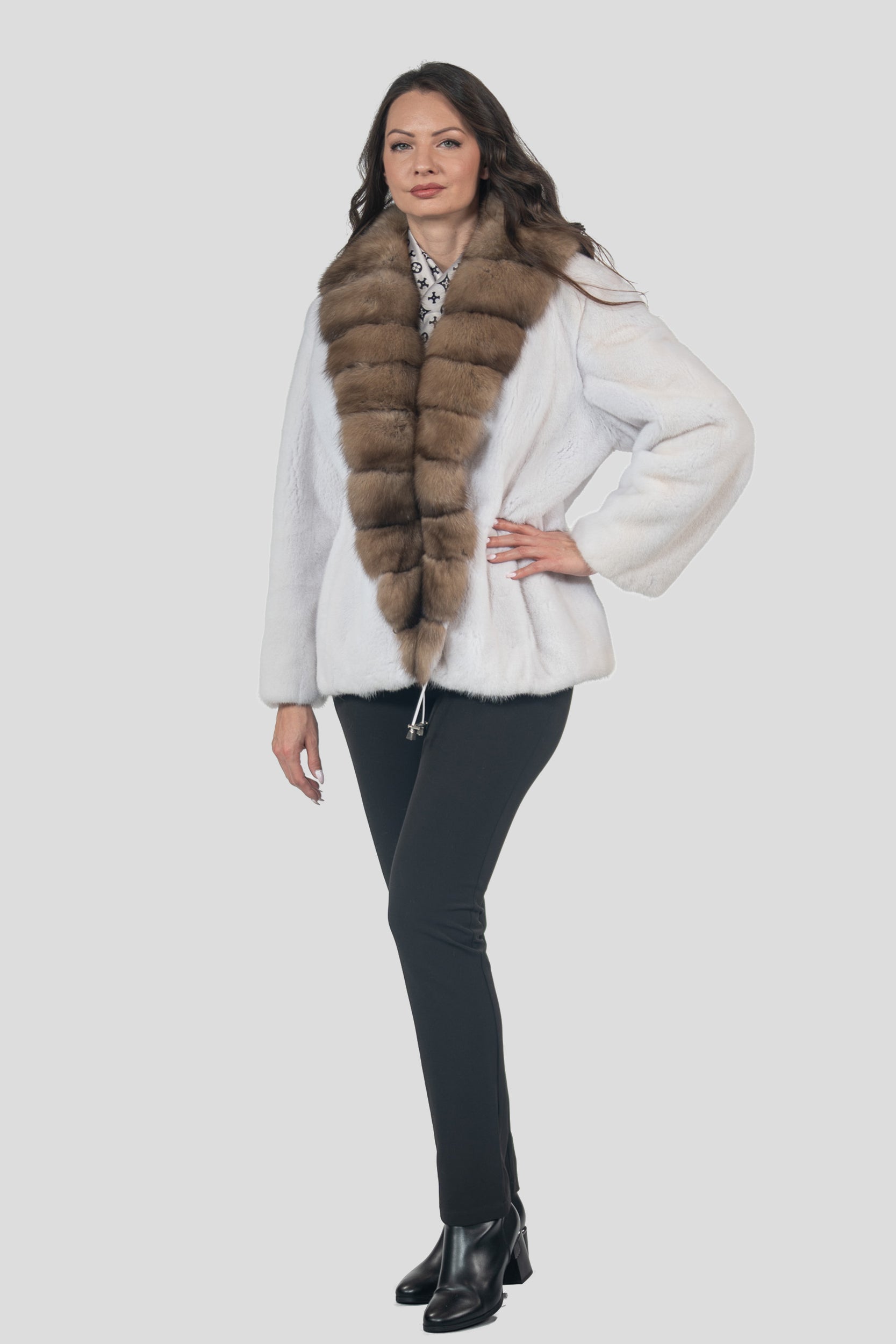 White Mink Jacket with Russian Sable Trim L/O19C123