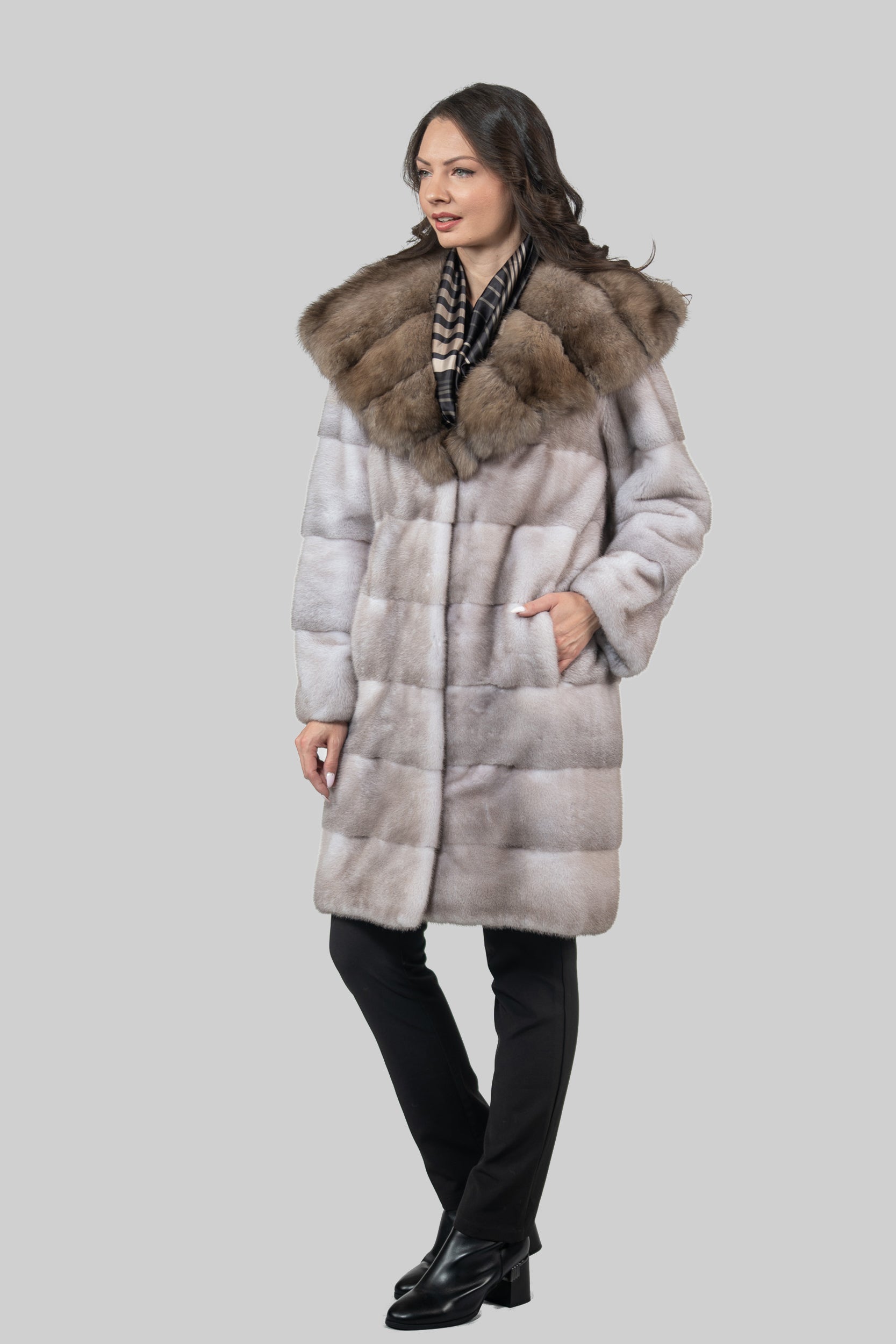 Silver Blue Mink Half Coat With Russian Sable Hood P/K13C540
