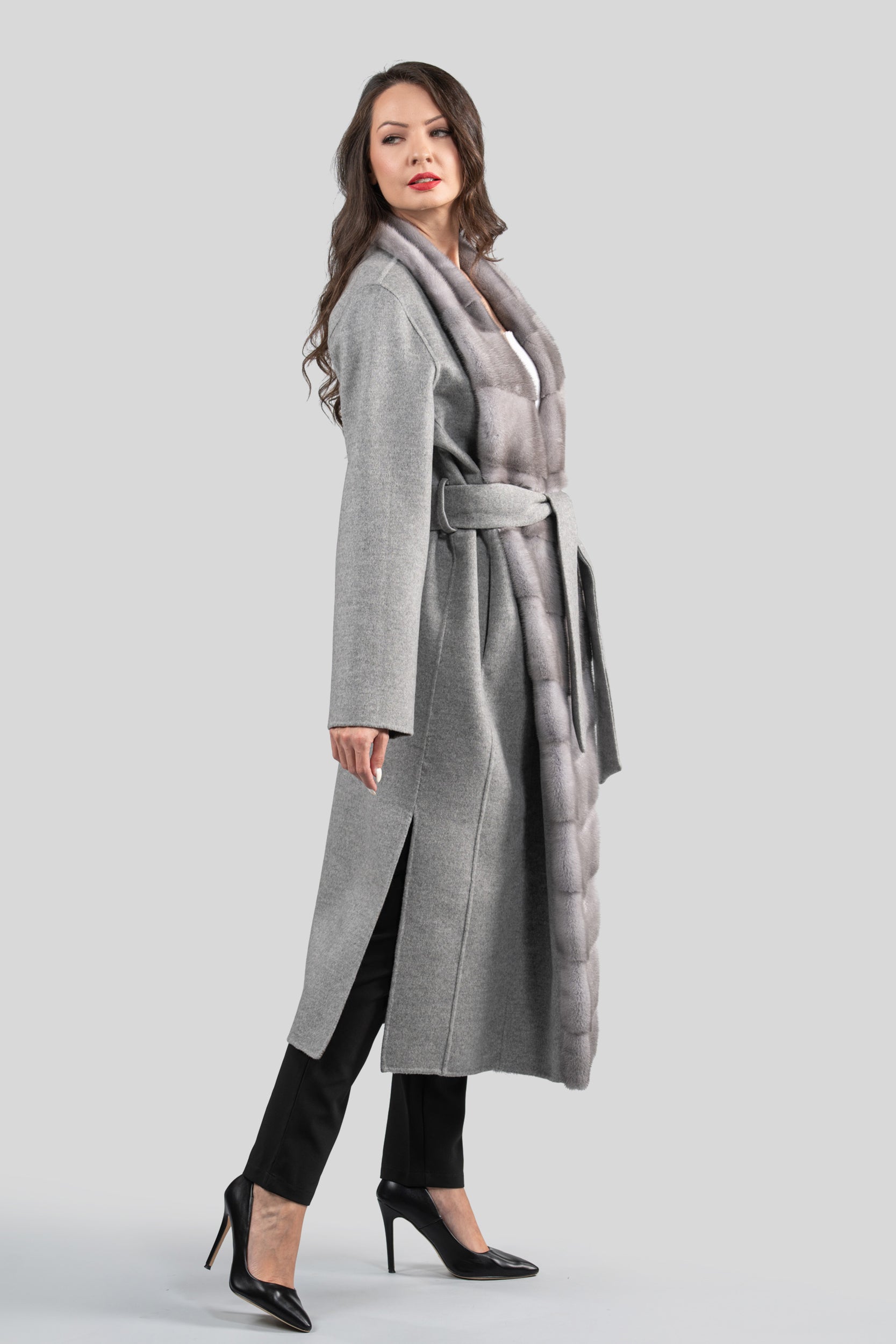 Gray Cashmere Coat with Mink Trim 21C3321