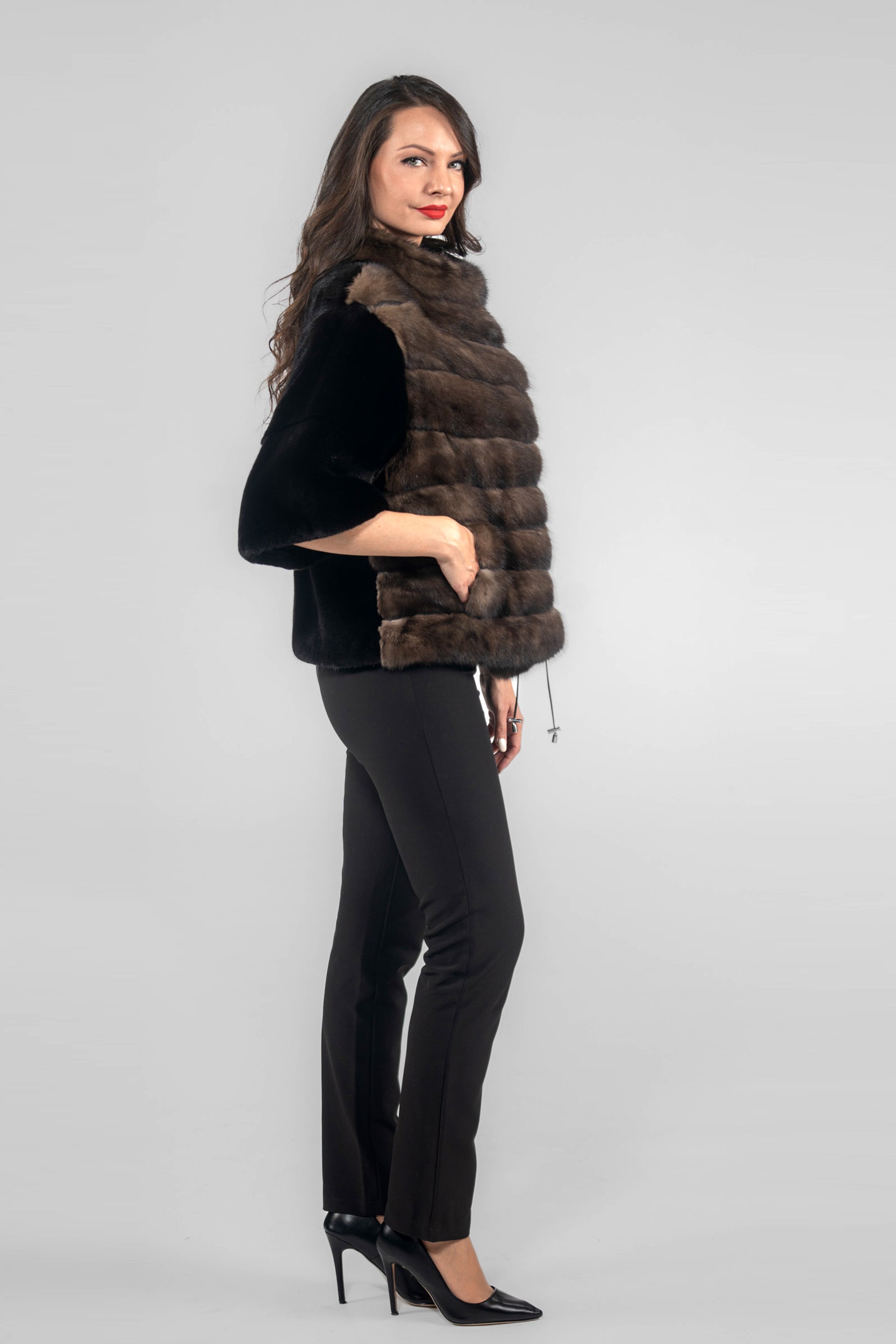 Short Sleeve Blackglama Mink Jacket with Stand Collar and Russian Sable Trim L/O16C728