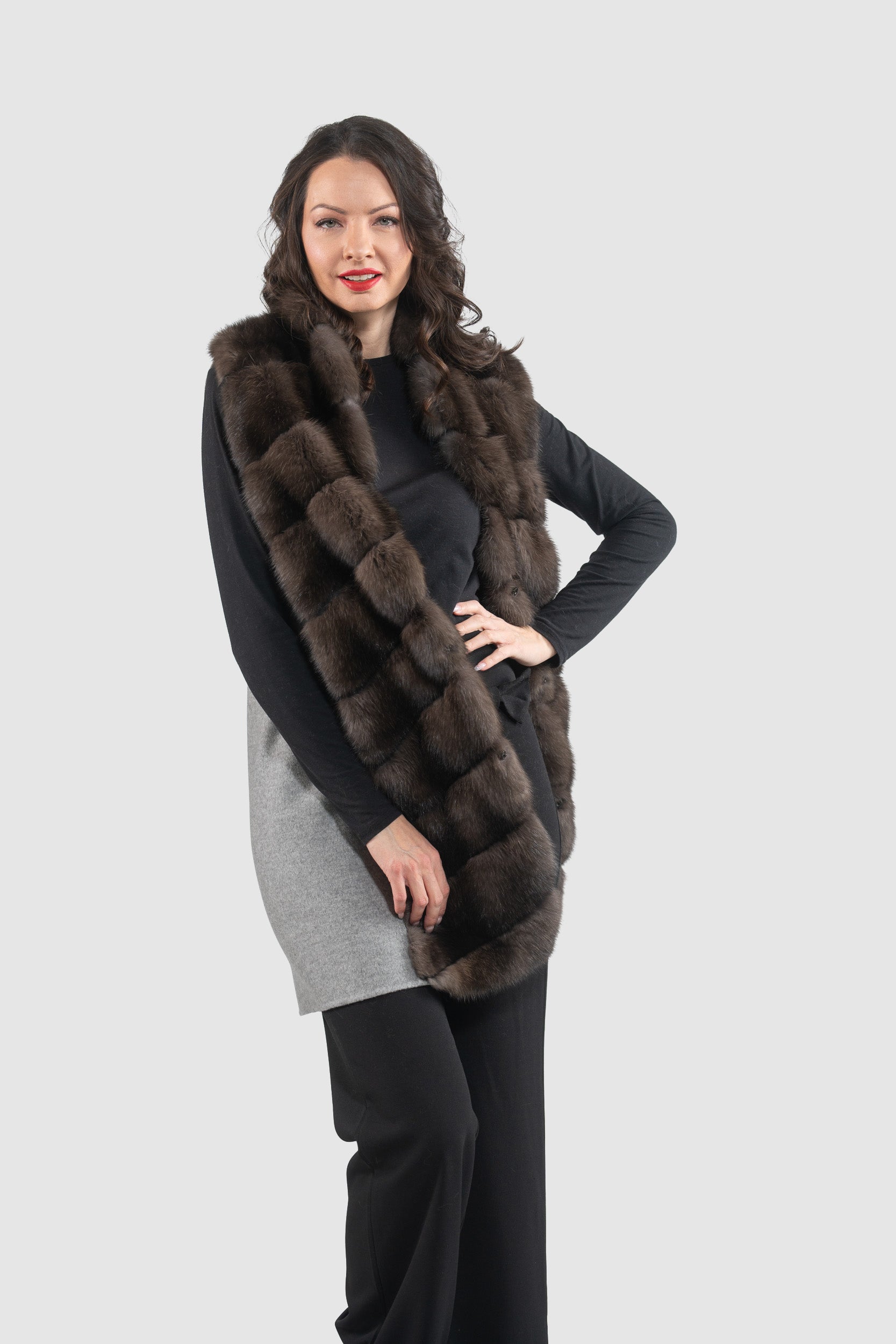 Grey Cashmere Vest with Russian Sable Trim 17C8003