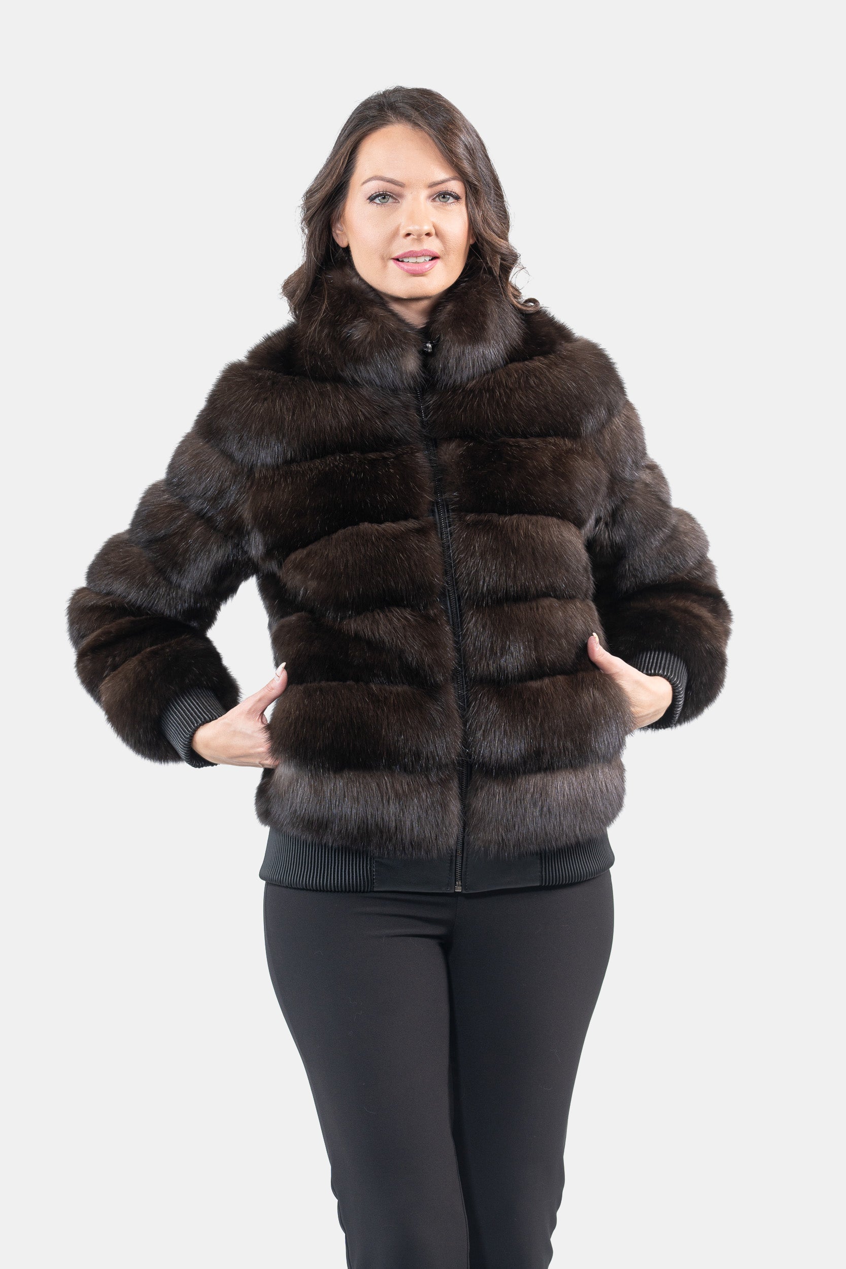 Reversible Dark Russian Sable Bomber Jacket with Stand Collar P/K228