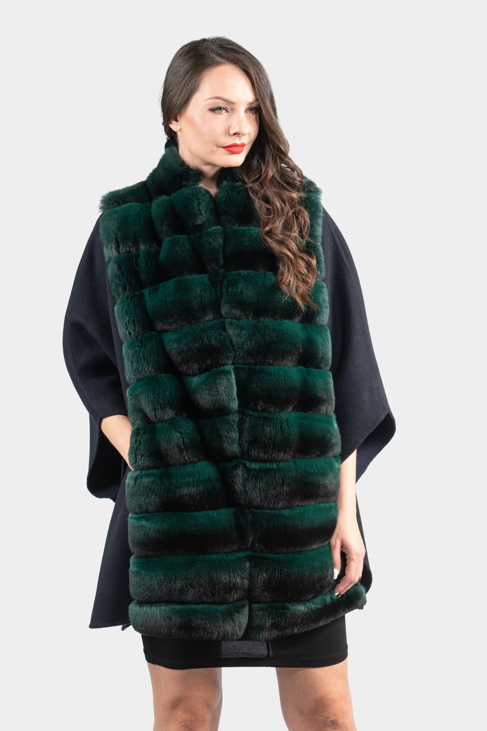 Blue Black Cashmere Cape with Chinchilla Trim 18M950