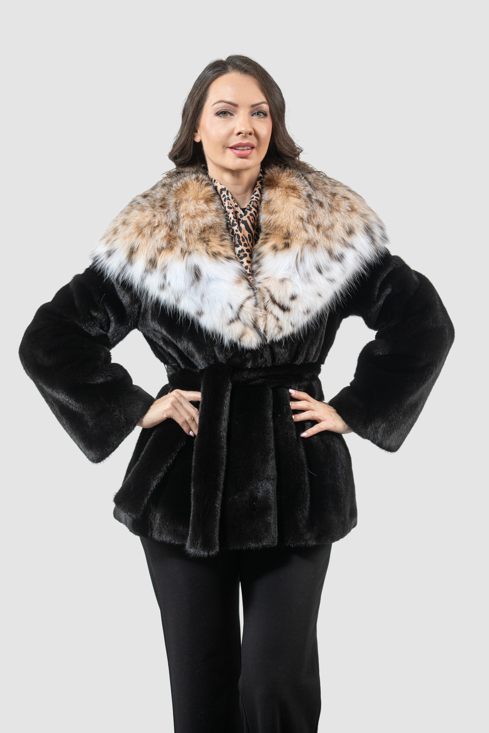 Blackglama Mink Half Coat with Bobcat Hood L/O13C978