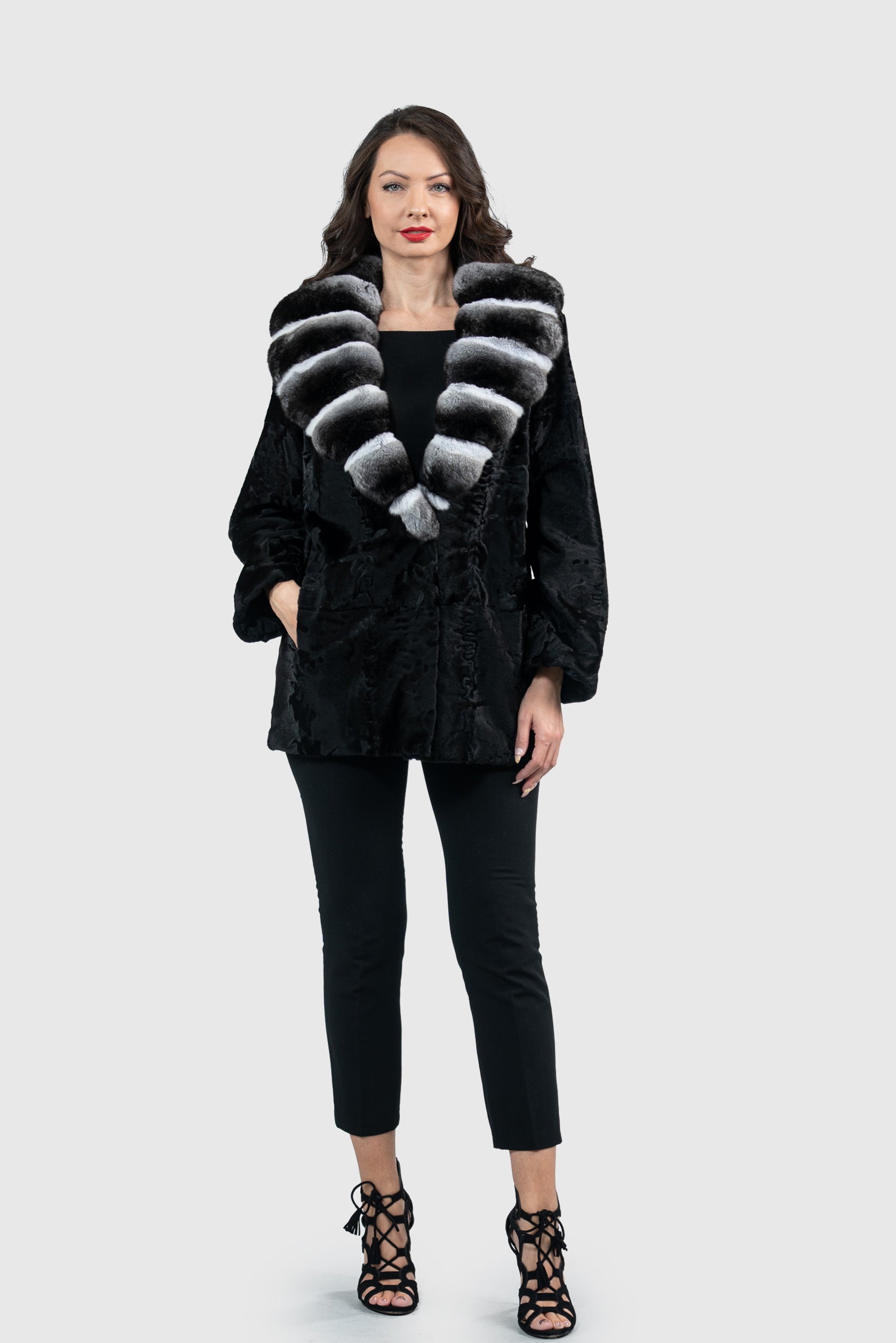 Black Swakara Jacket with Chinchilla Notch Collar S/S21C842