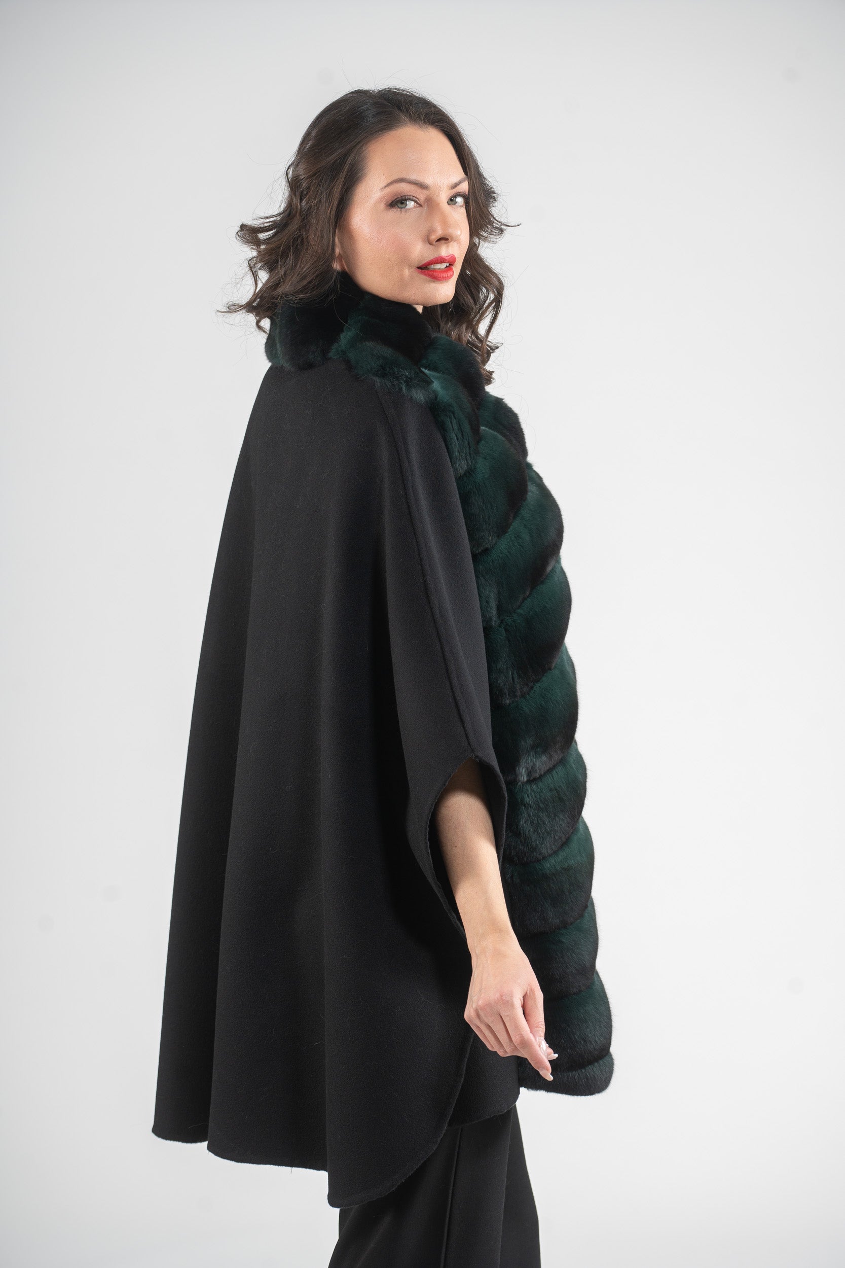Black Cashmere Cape with Green Chinchilla Trim 18M950