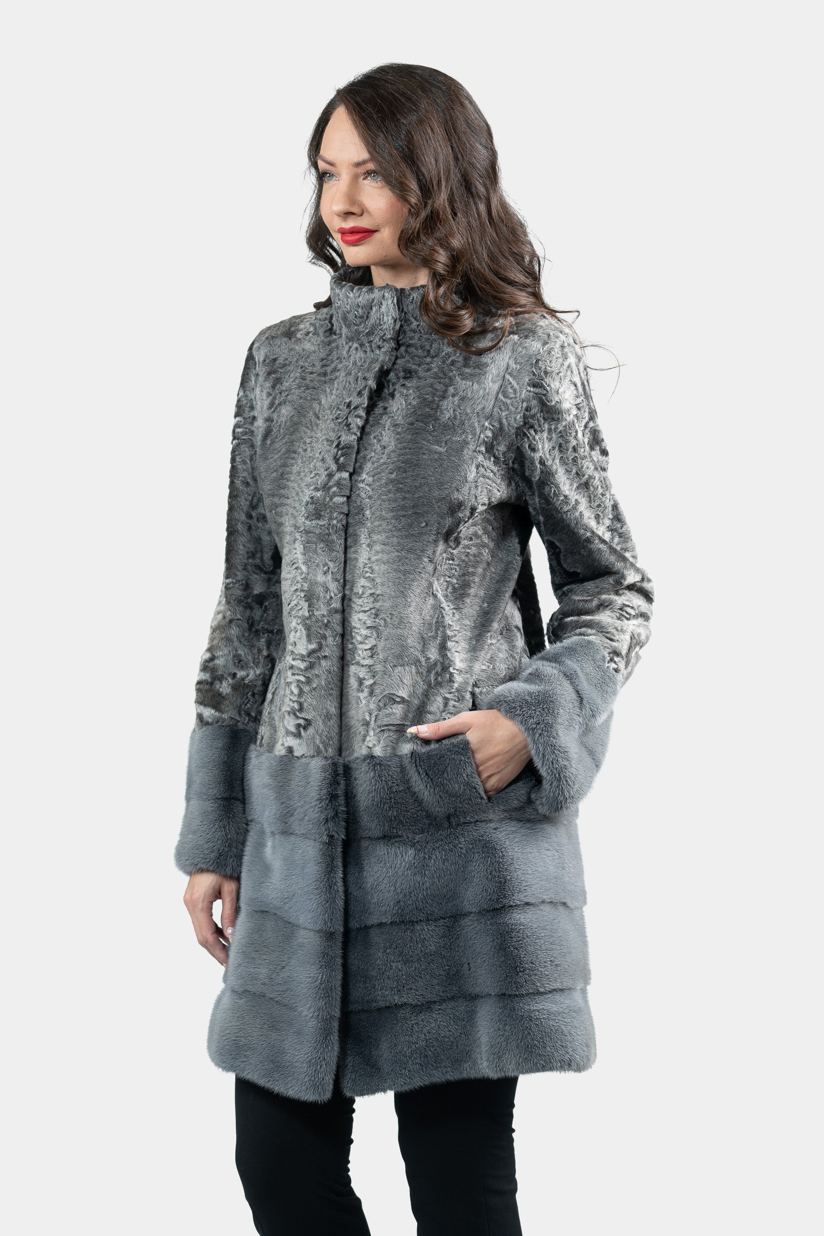 Gray Swakara Half Coat with Mink Trimmed Hem S/SR/K21999