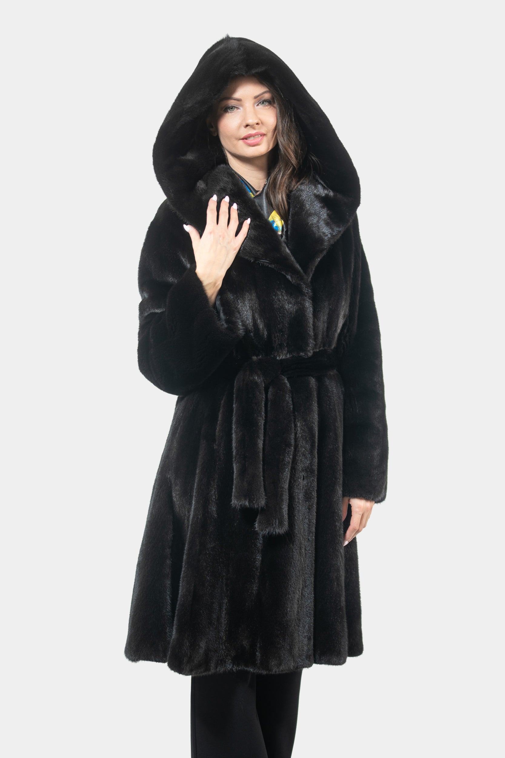 Blackgalama Mink Hooded Half Coat with Belt L/OGADEH