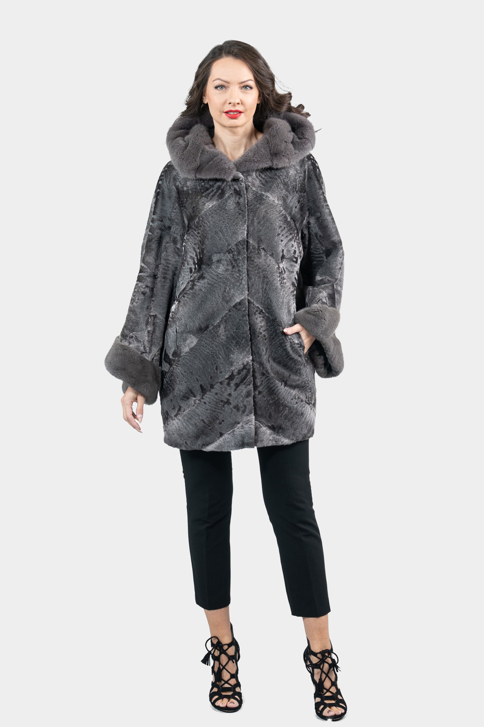 Grey Moon Swakara Half Coat with Mink Trim A/K850V30