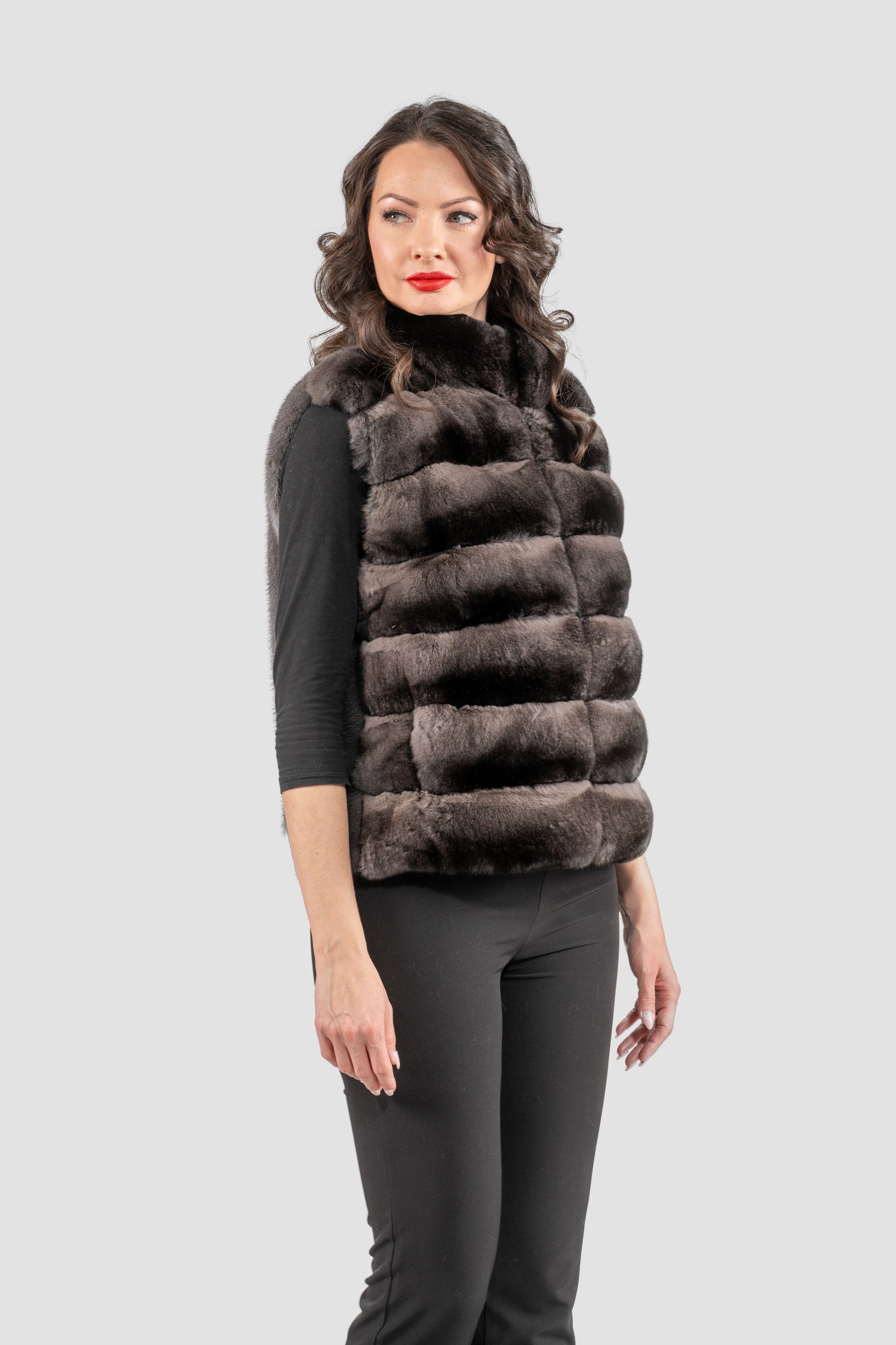Smokey Chinchilla Fur Vest with Stand Collar and Mink Trim P/K2201