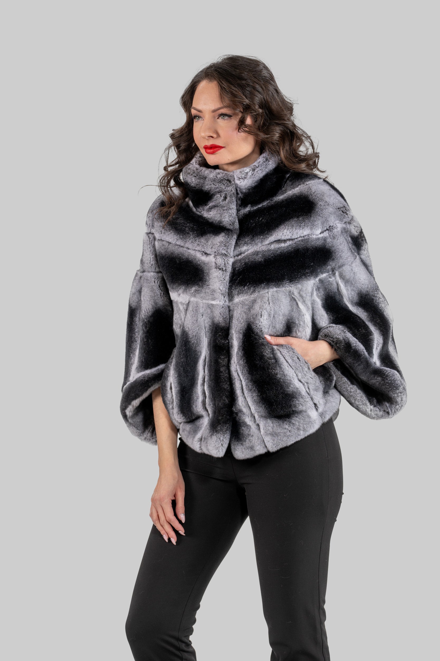 Natural Rex Rabbit Fur Cape with Stand Collar 1009