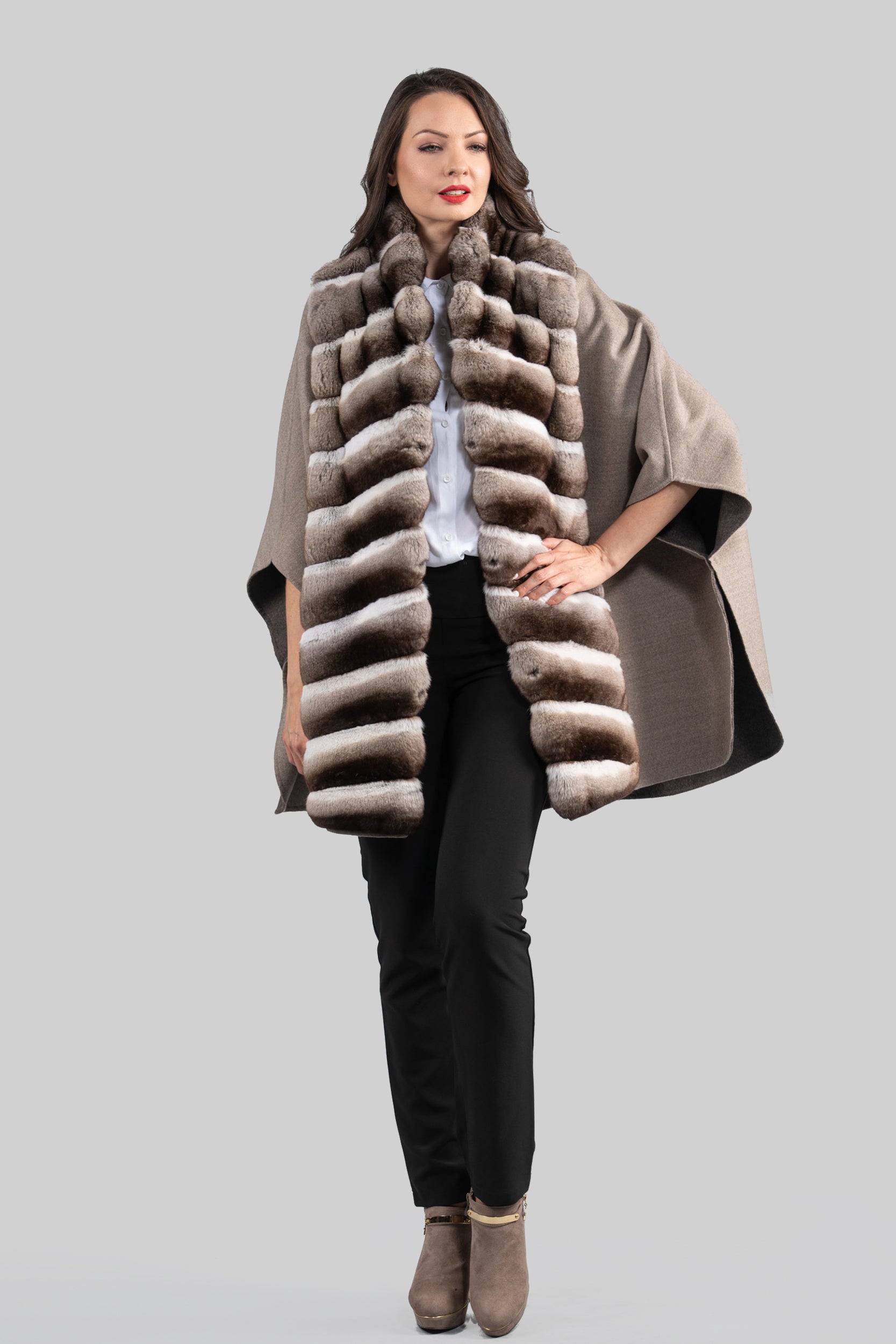 Grey Brown Cashmere Cape with Chinchilla Trim 18M950