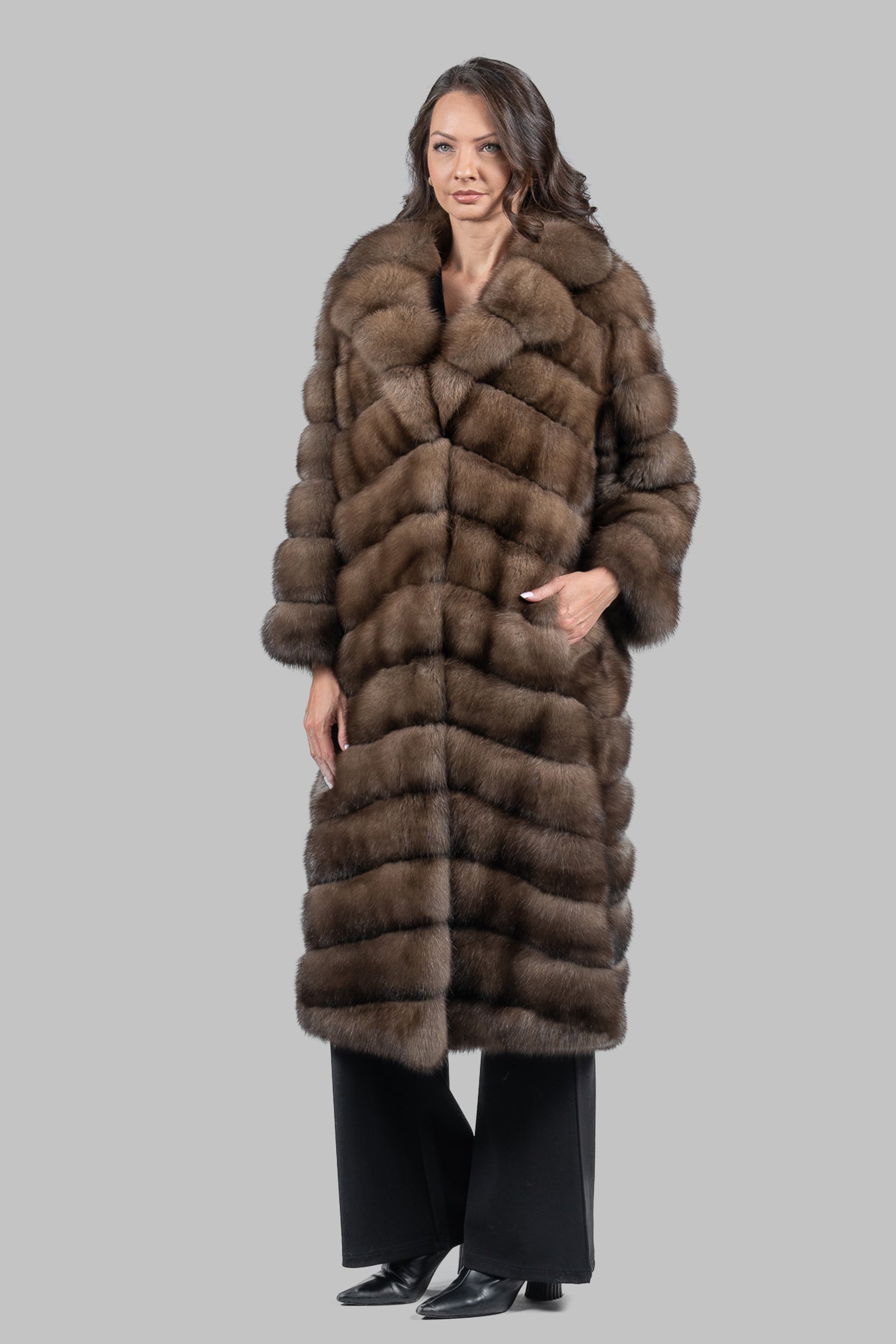 Graphite Russian Sable Full-Length Coat with Notch Collar A/K13c530s20