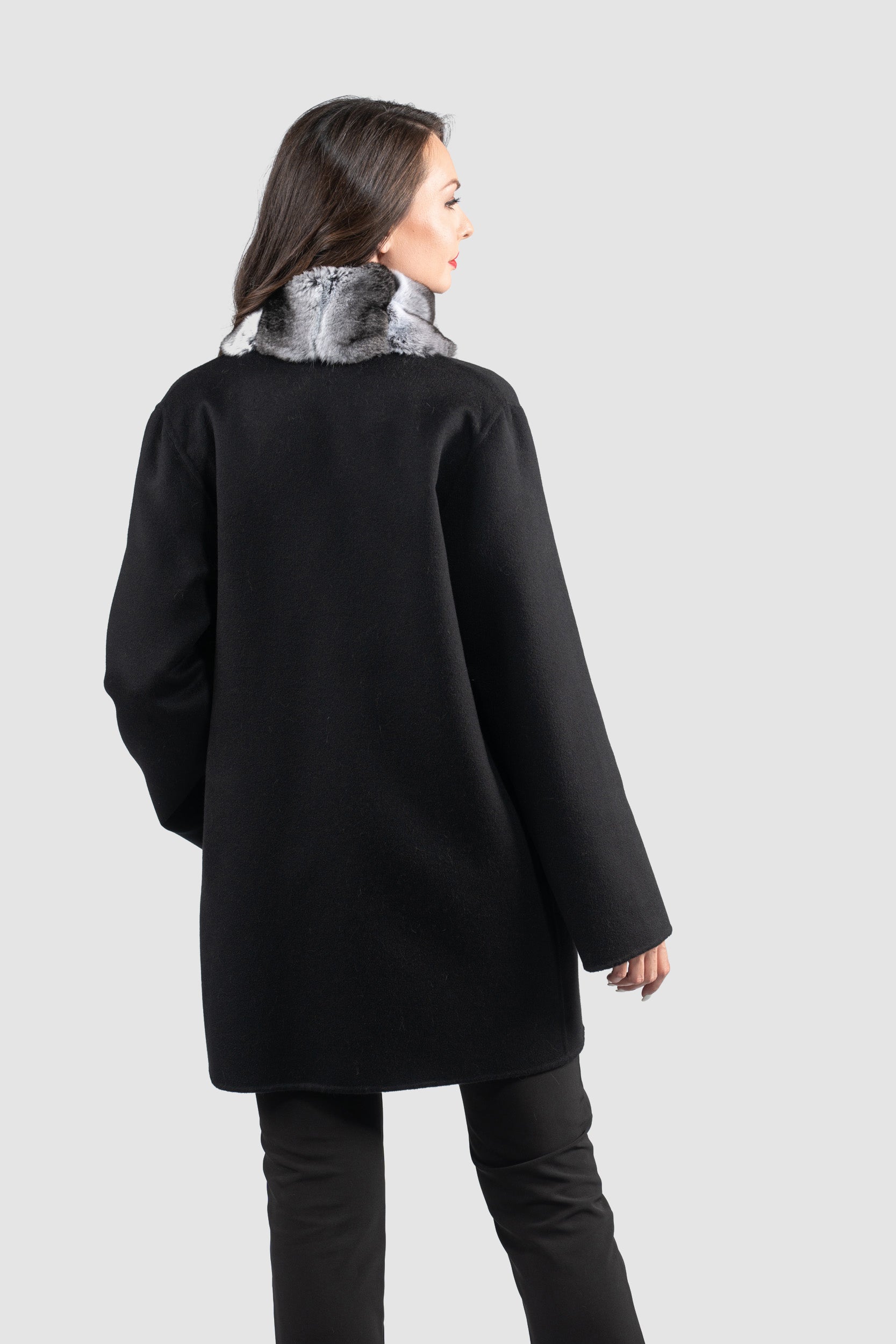 Black Cashmere Coat with Chinchilla Trim 21C8050