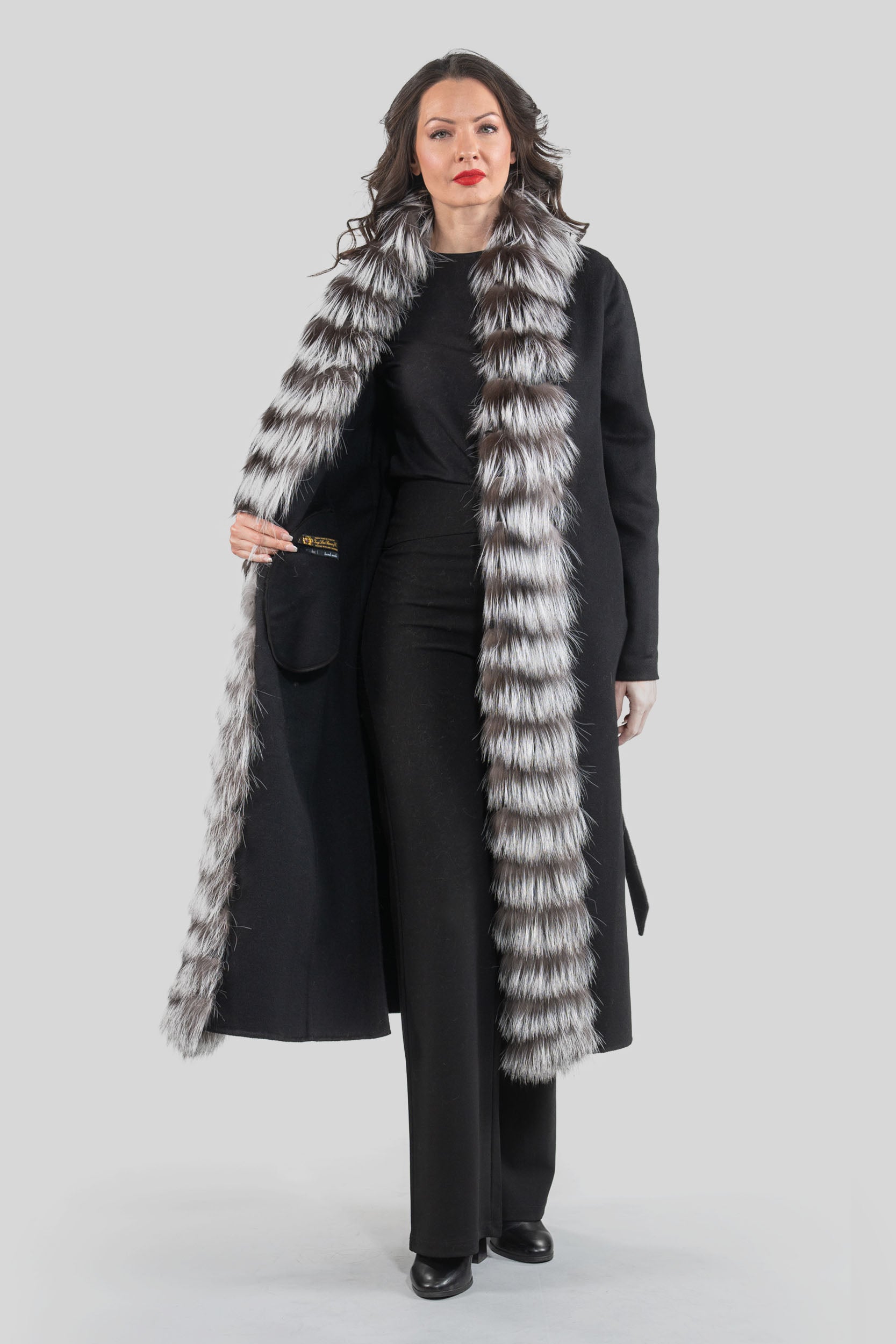 Black Cashmere Coat with Fox Trim 21C6080
