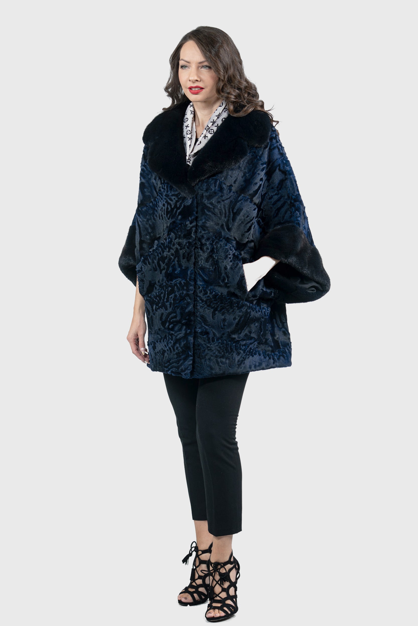 Blue Black Swakara Cape with Mink Notch Collar S/S929