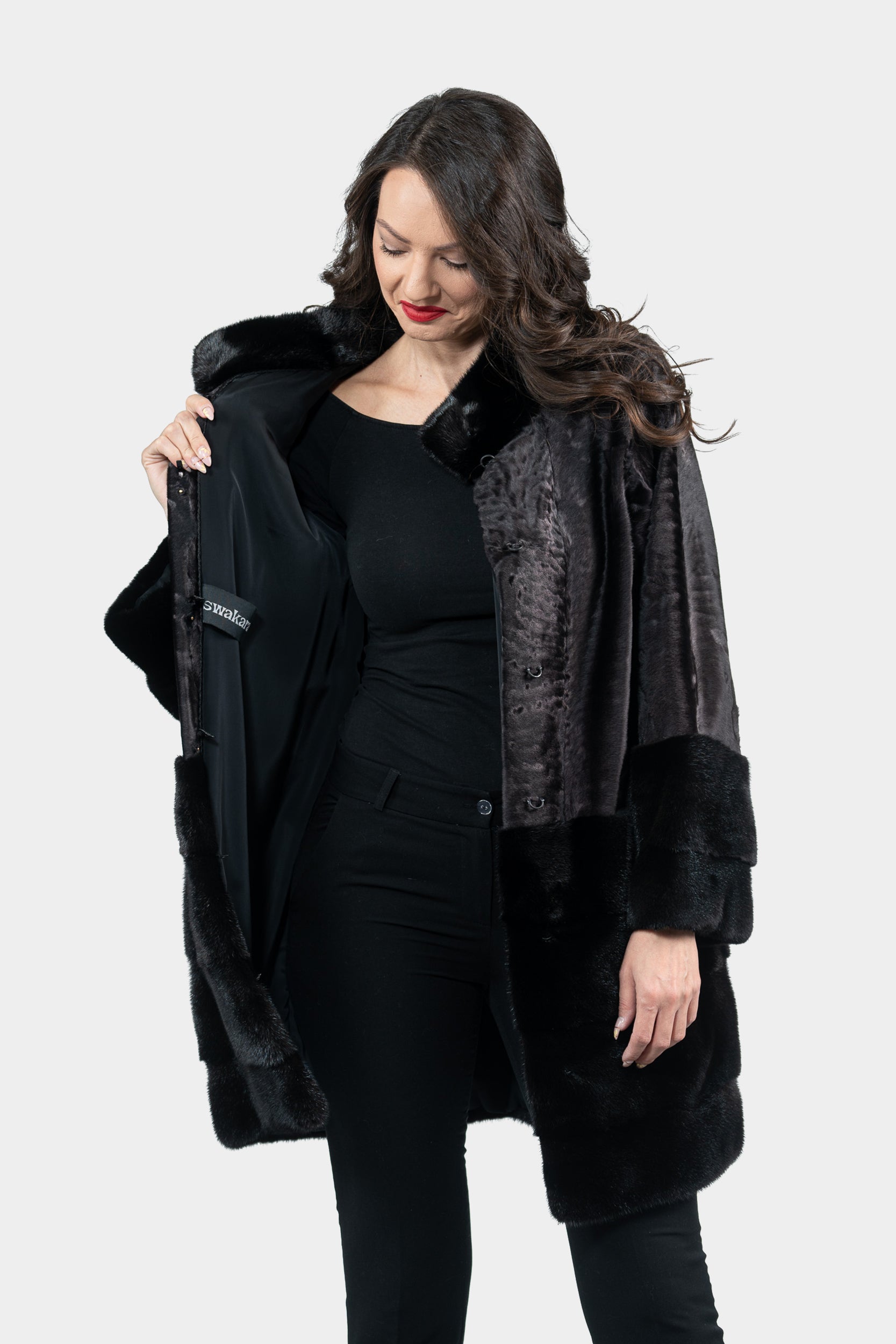 Gray Moon Swakara Half Coat with Mink Trim S/SR/K16C733