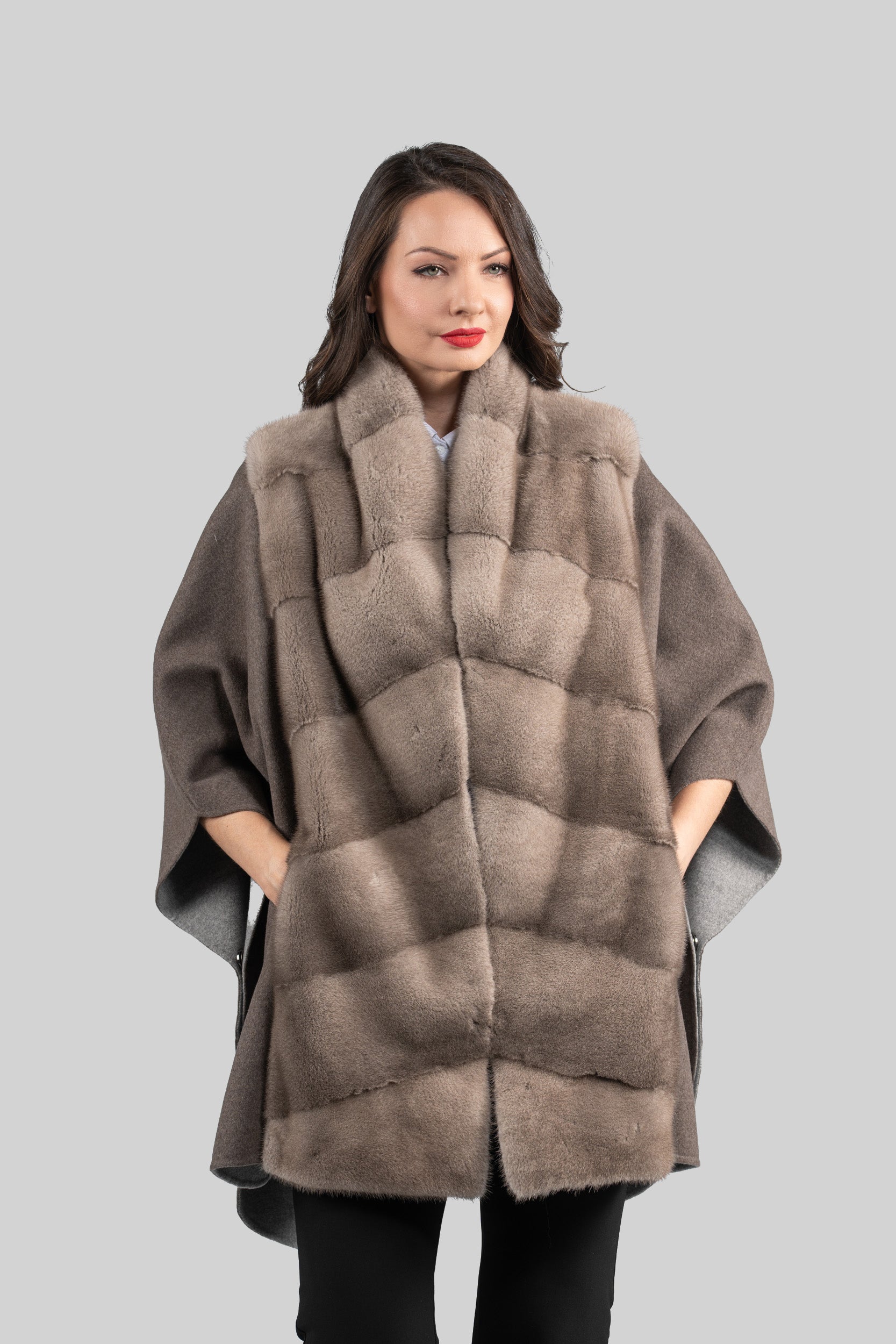 Brown Grey Cashmere Cape with Mink Trim 18M950