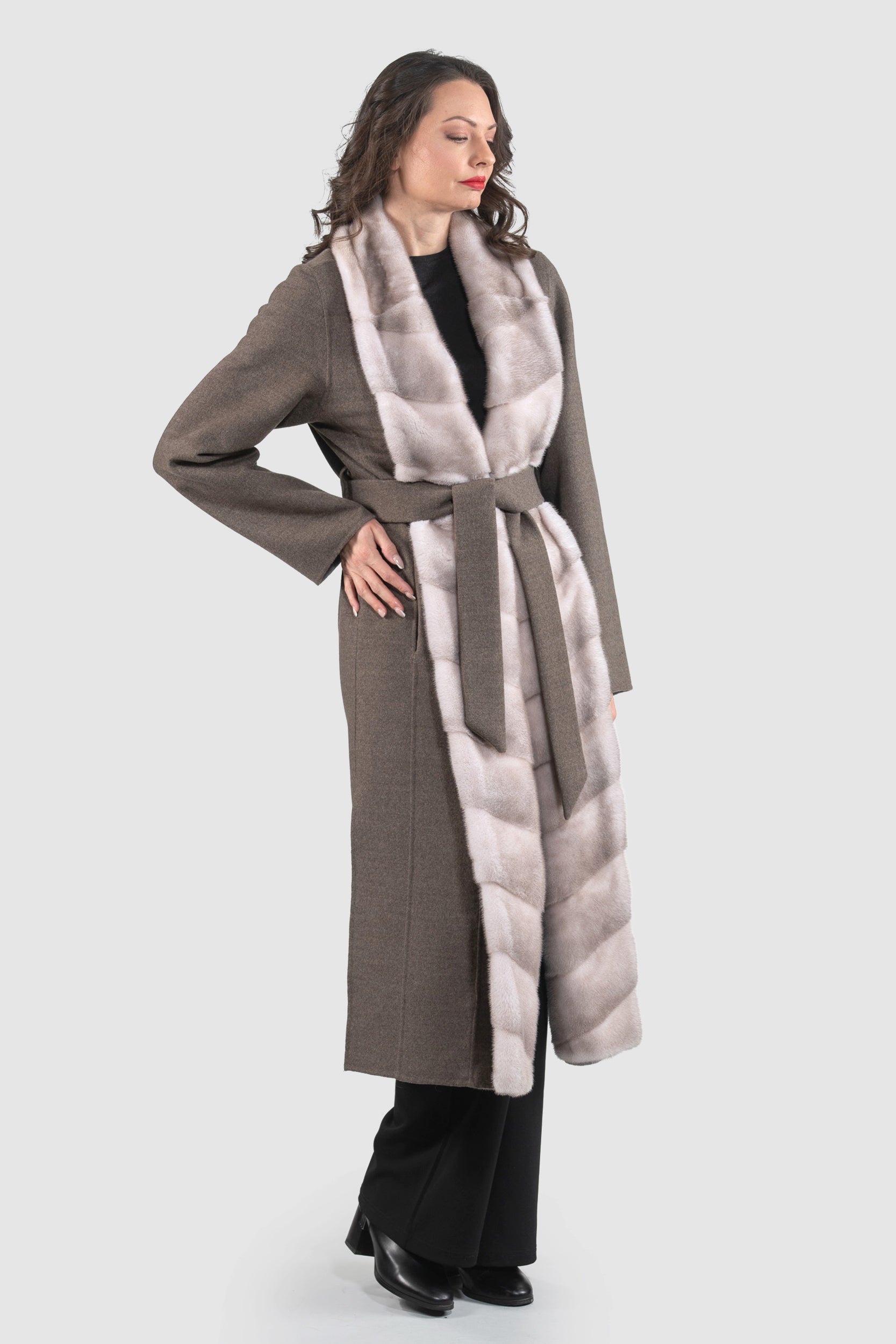 Brown Grey Cashmere Coat with Mink Trim 3321