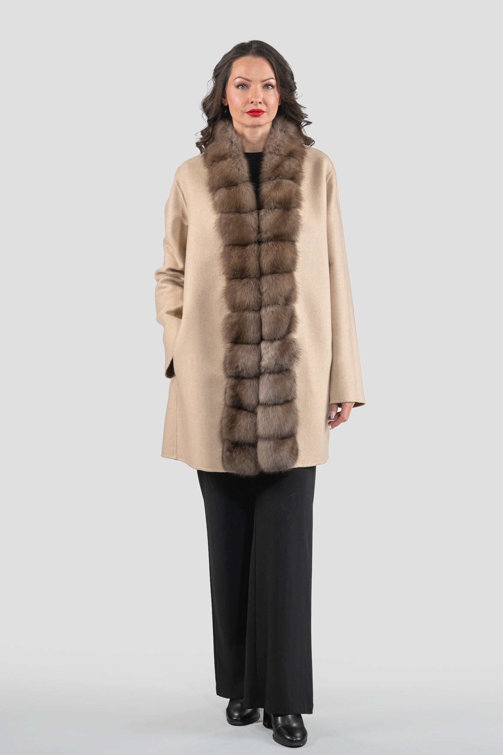Ecru Cashmere Half Coat with Russian Sable Trim 21C6080