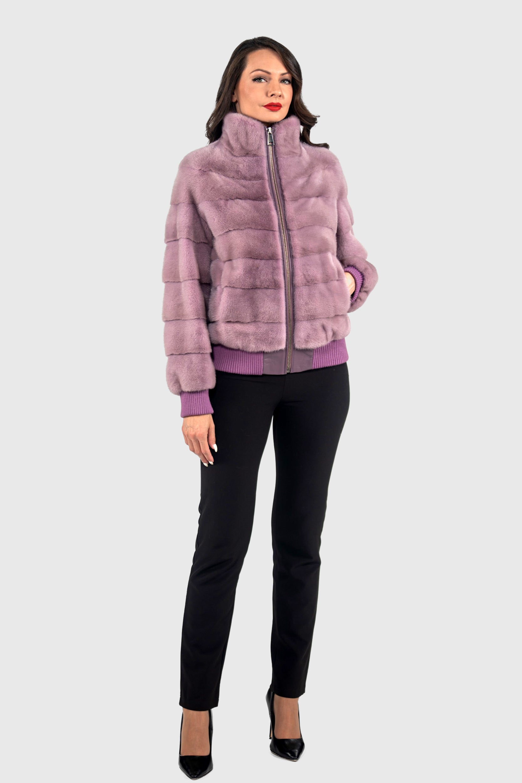 Violet Mink Bomber Jacket with Stand Collar P/K13C224