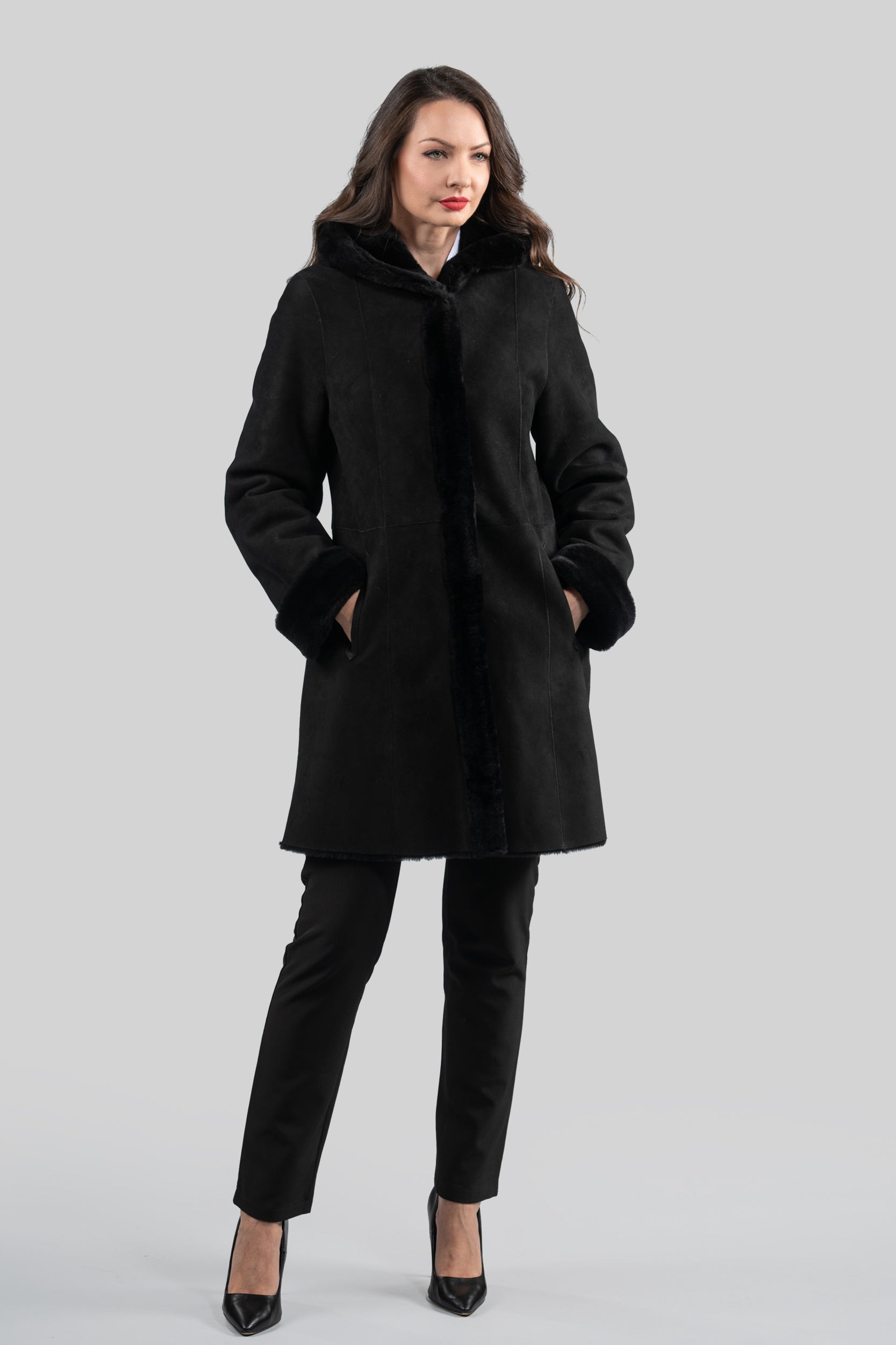 Hooded Black Half Coat In Spanish Merino 207H