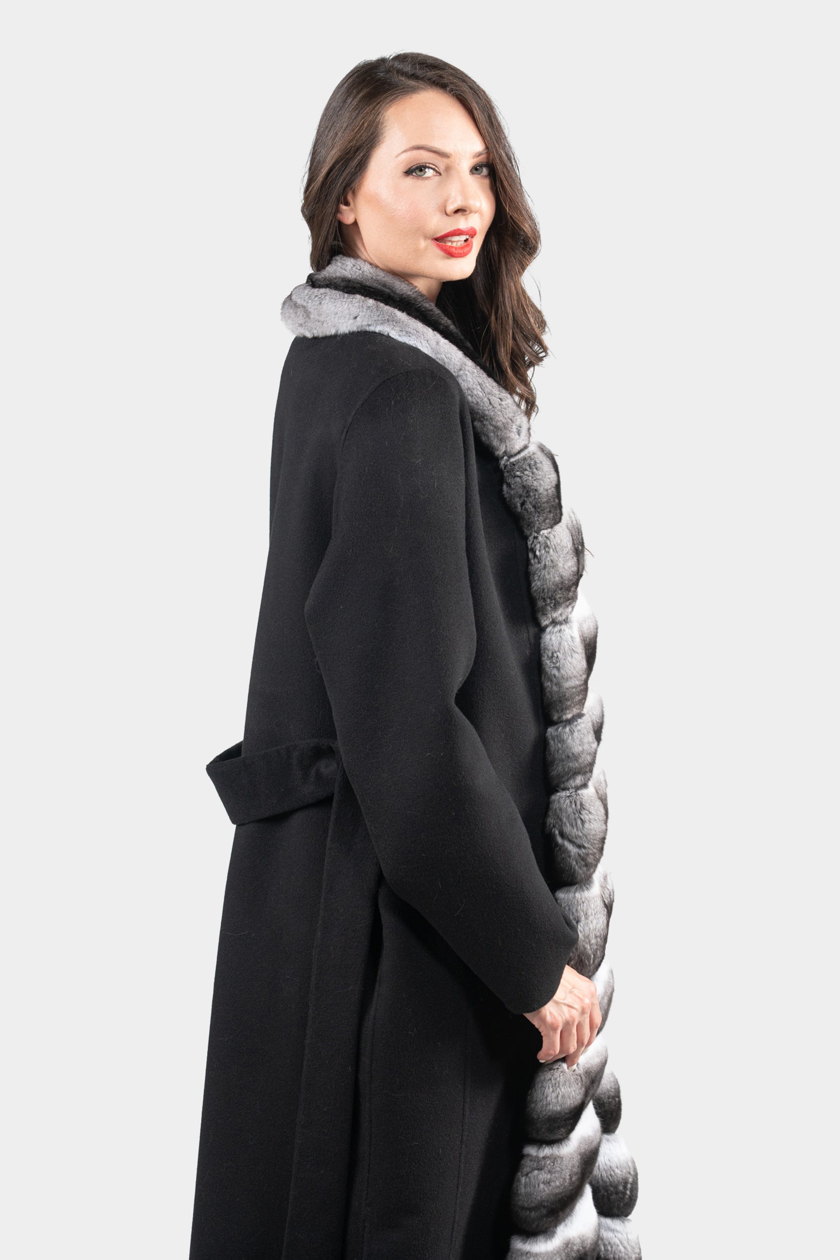 Black Cashmere Coat with Chinchilla Trim 21C3321