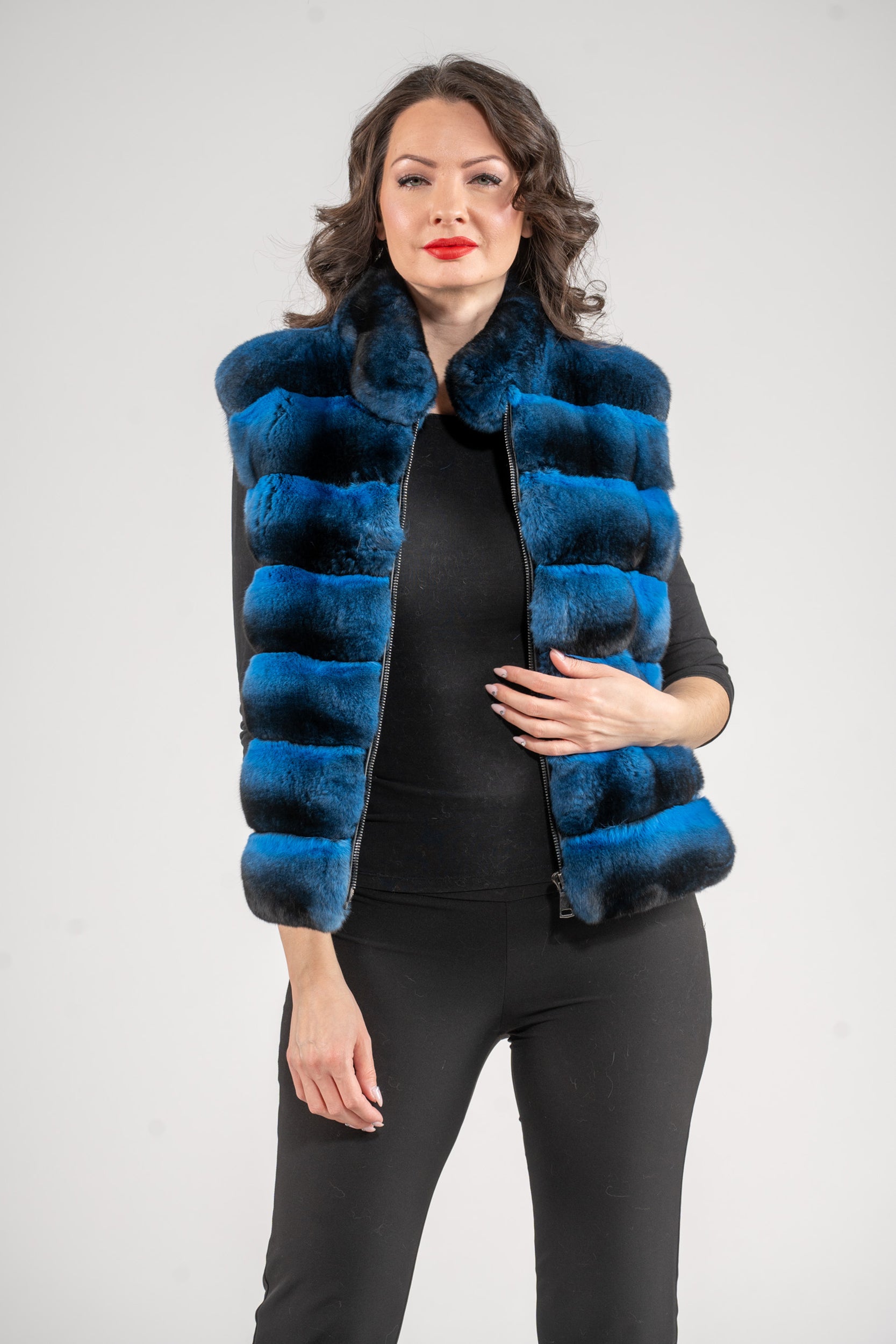 Bluejean Chinchilla Fur Vest with Stand Collar and Mink Trim P/K2201