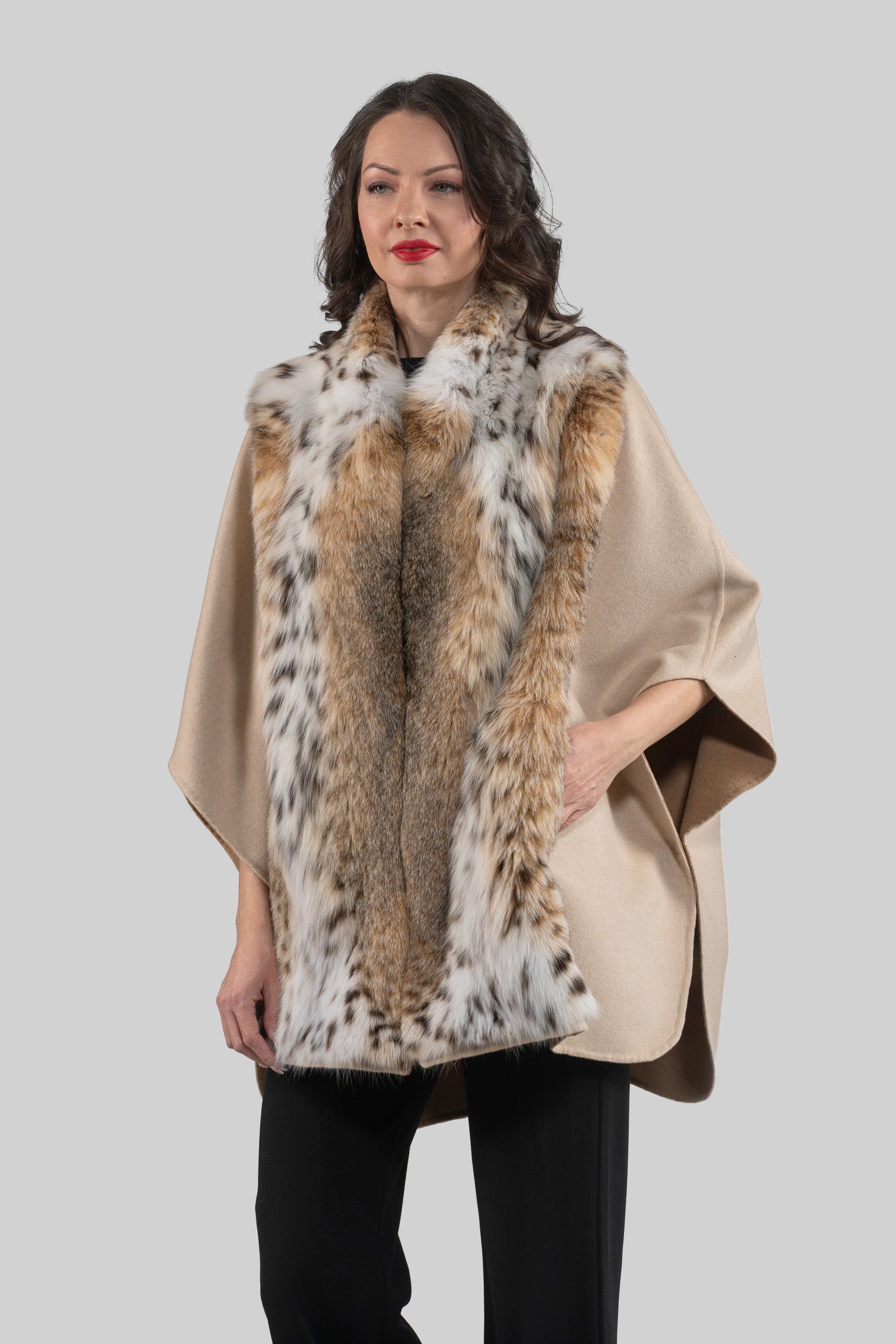 Ecru Cashmere Cape with Bobcat Fur Trim 18M950