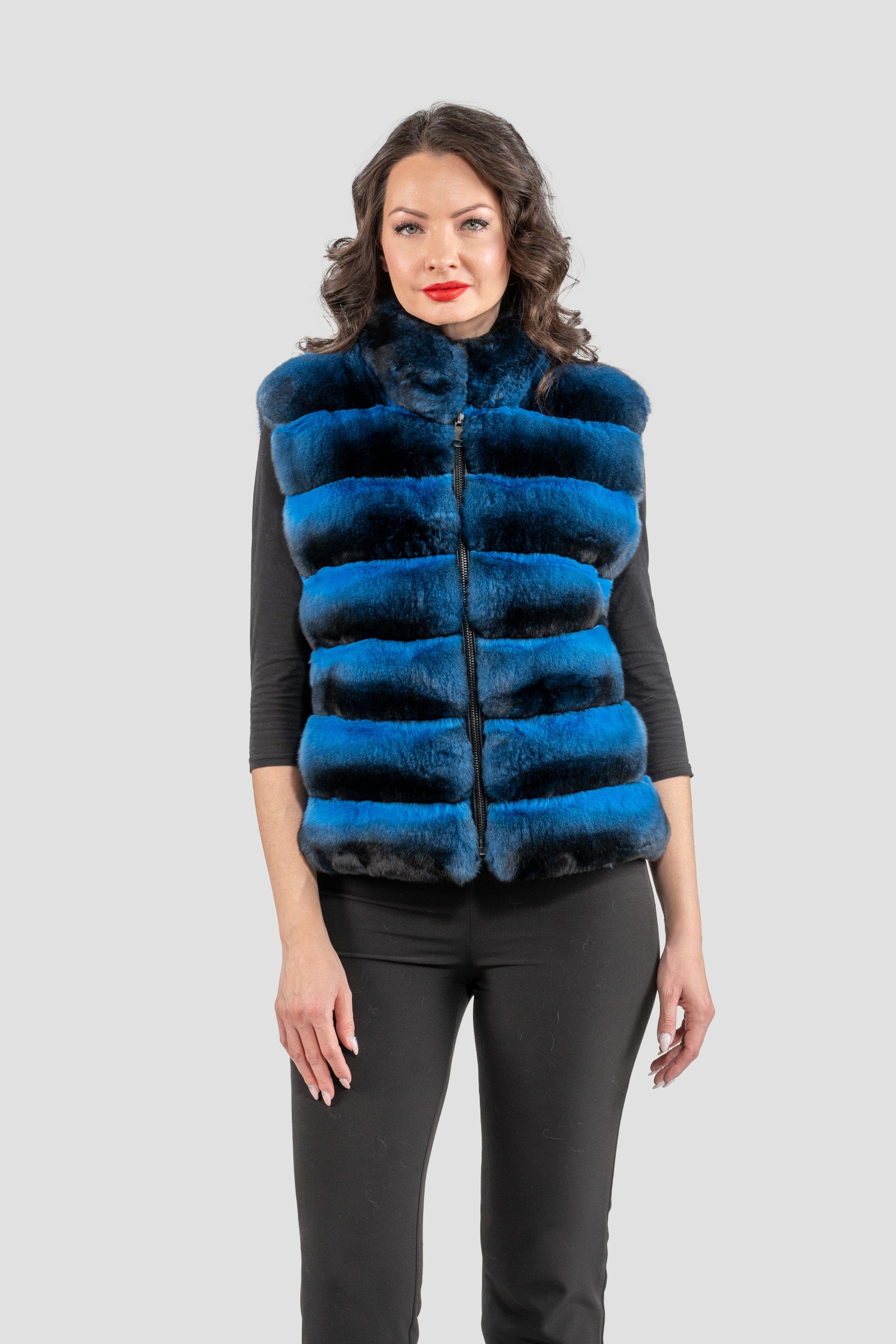 Bluejean Chinchilla Fur Vest with Stand Collar and Mink Trim P/K2201